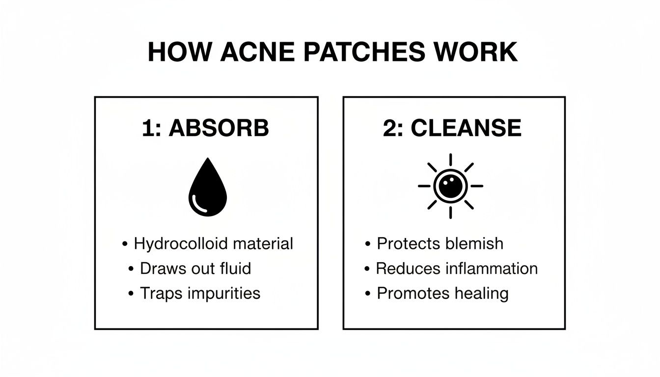 Infographic explaining how acne patches work, featuring two steps: absorb (draws out fluid) and cleanse (protects and heals).