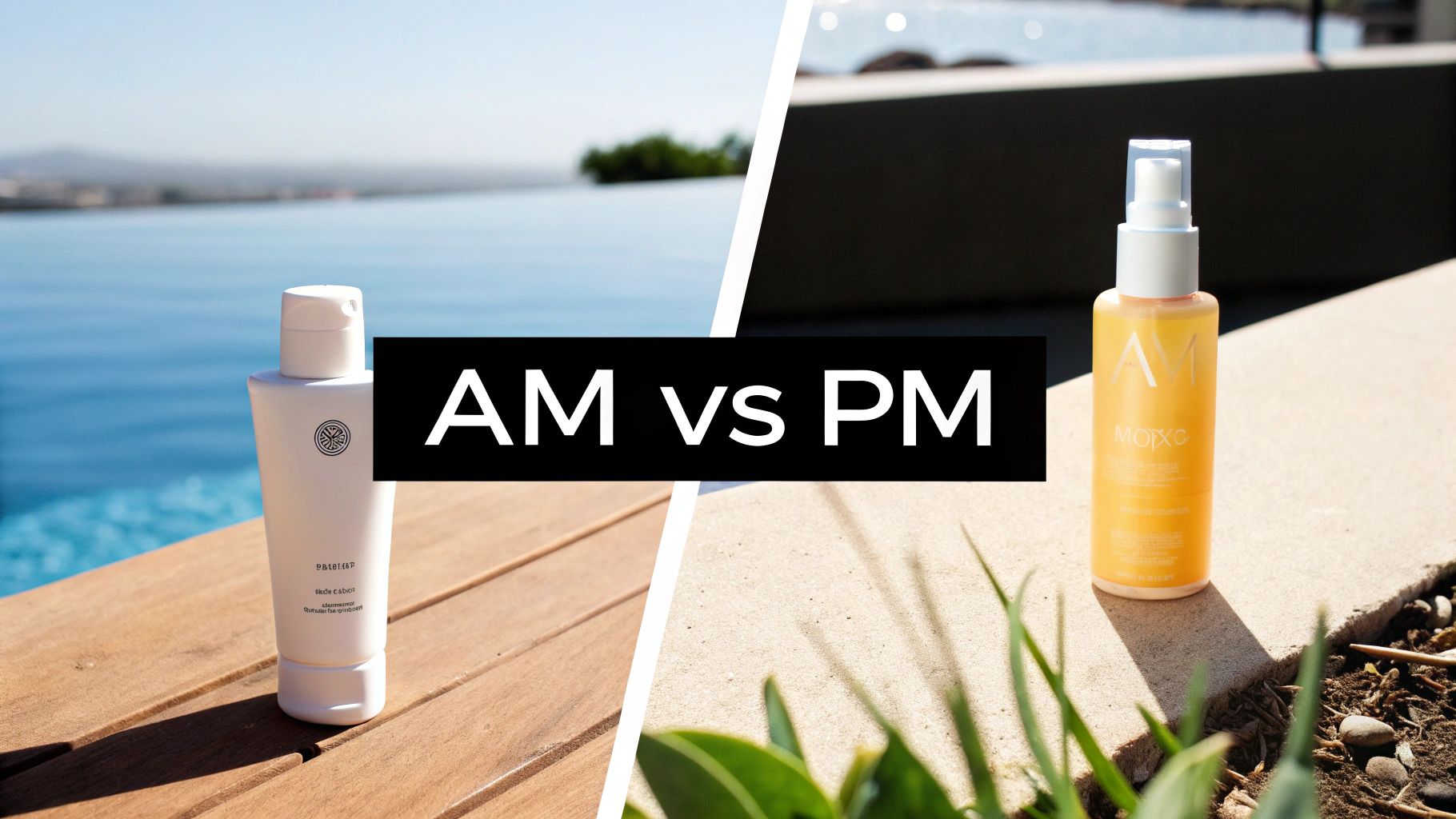 Two skincare products, AM and PM, displayed on different outdoor backgrounds for a daily routine.