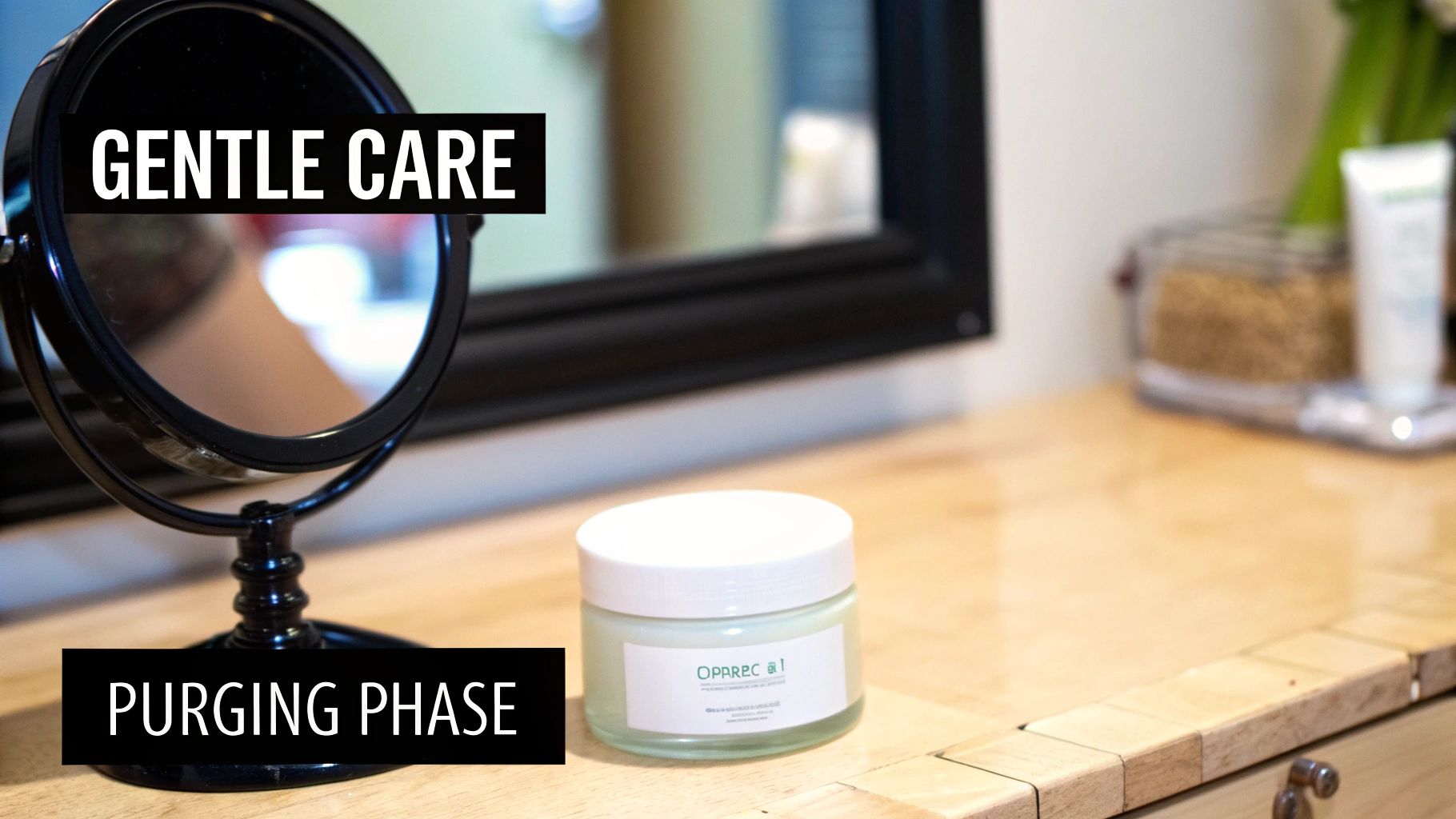 A desk with a mirror, a jar of OPPREC a1 skincare product, and text 'Gentle Care' and 'Purging Phase'.