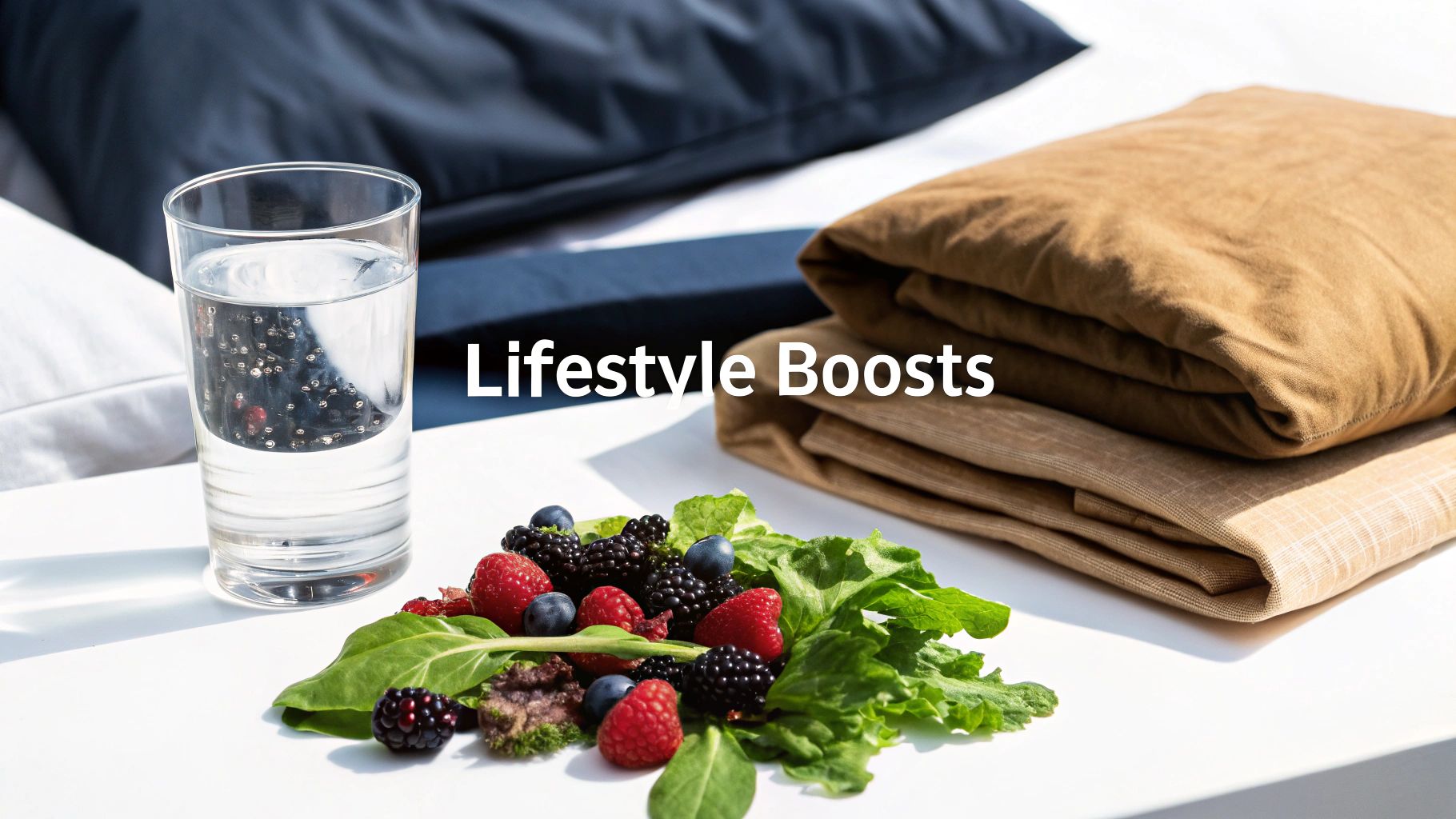 A refreshing glass of water and a vibrant mix of berries and greens on a white table, promoting healthy living.