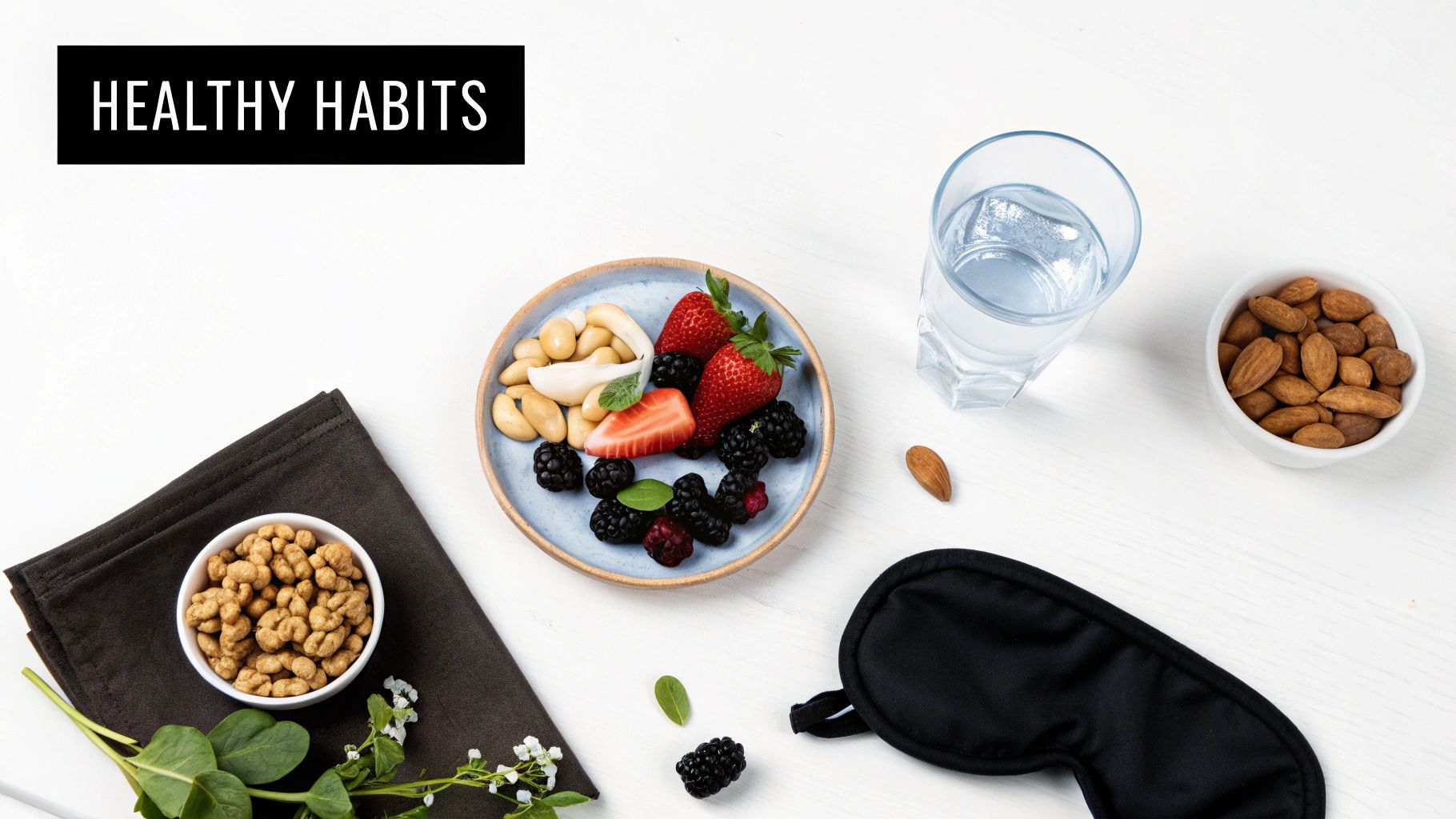 Flat lay of healthy habits essentials: fruits, nuts, water, a sleep mask, and cereal.