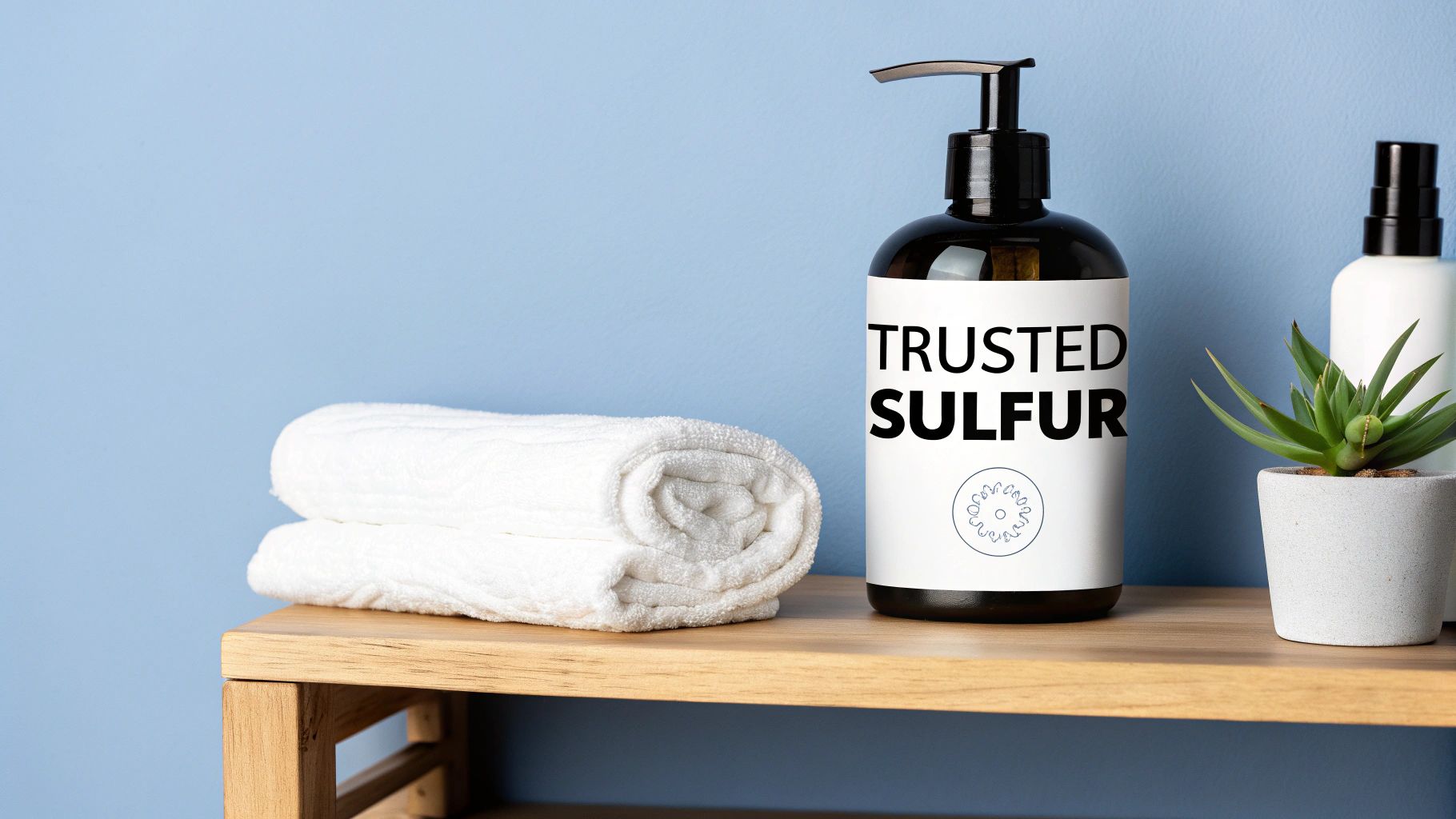 A person applying an acne sulfur wash to their face in a clean bathroom setting.