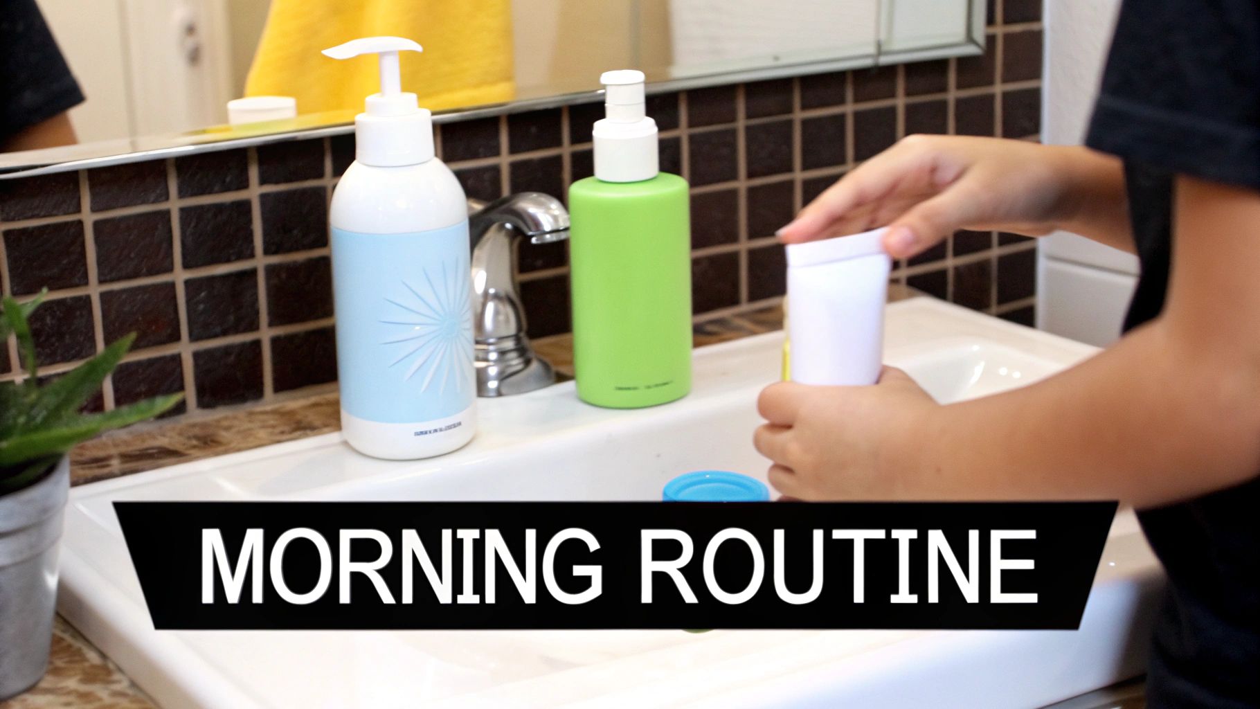 A person's hands holding a white tube above a bathroom sink with soap bottles and a plant.