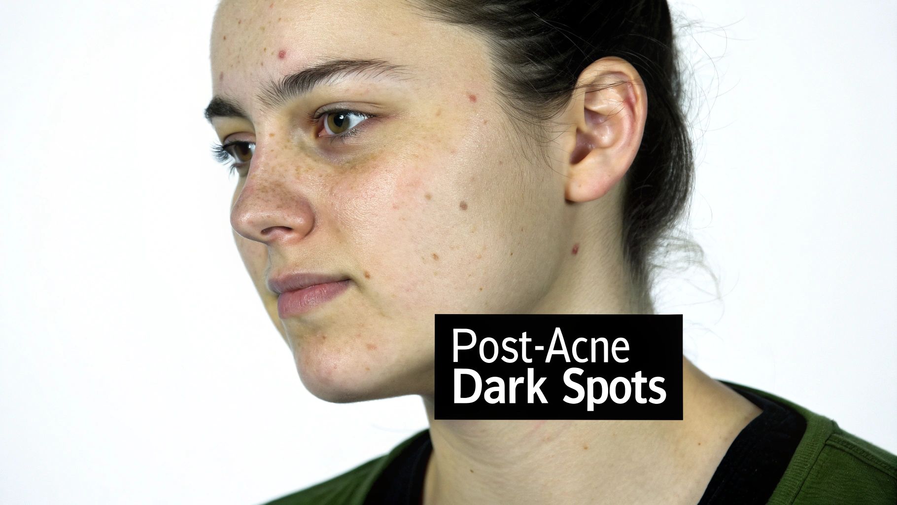 A person with dark spots on their cheek from acne