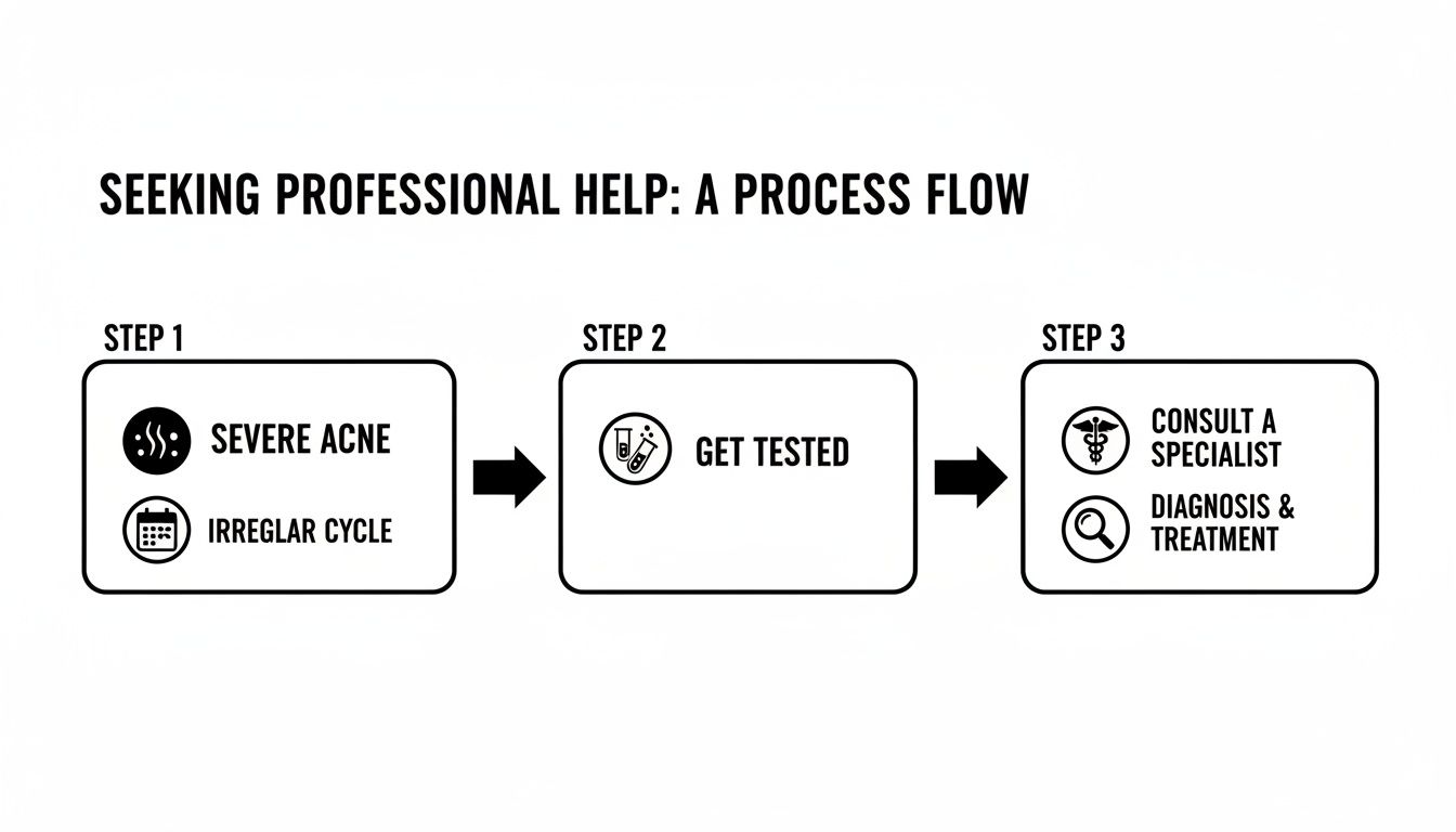 Process flow diagram for seeking professional help for severe acne and irregular cycles, including testing and specialist consultation.