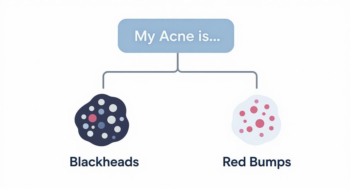 An infographic decision tree showing two paths for acne type: blackheads leading to a pore-cleansing solution, and red bumps leading to an anti-inflammatory solution.