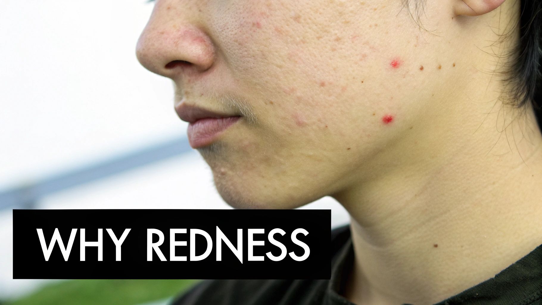 Close-up of inflamed red acne on skin.