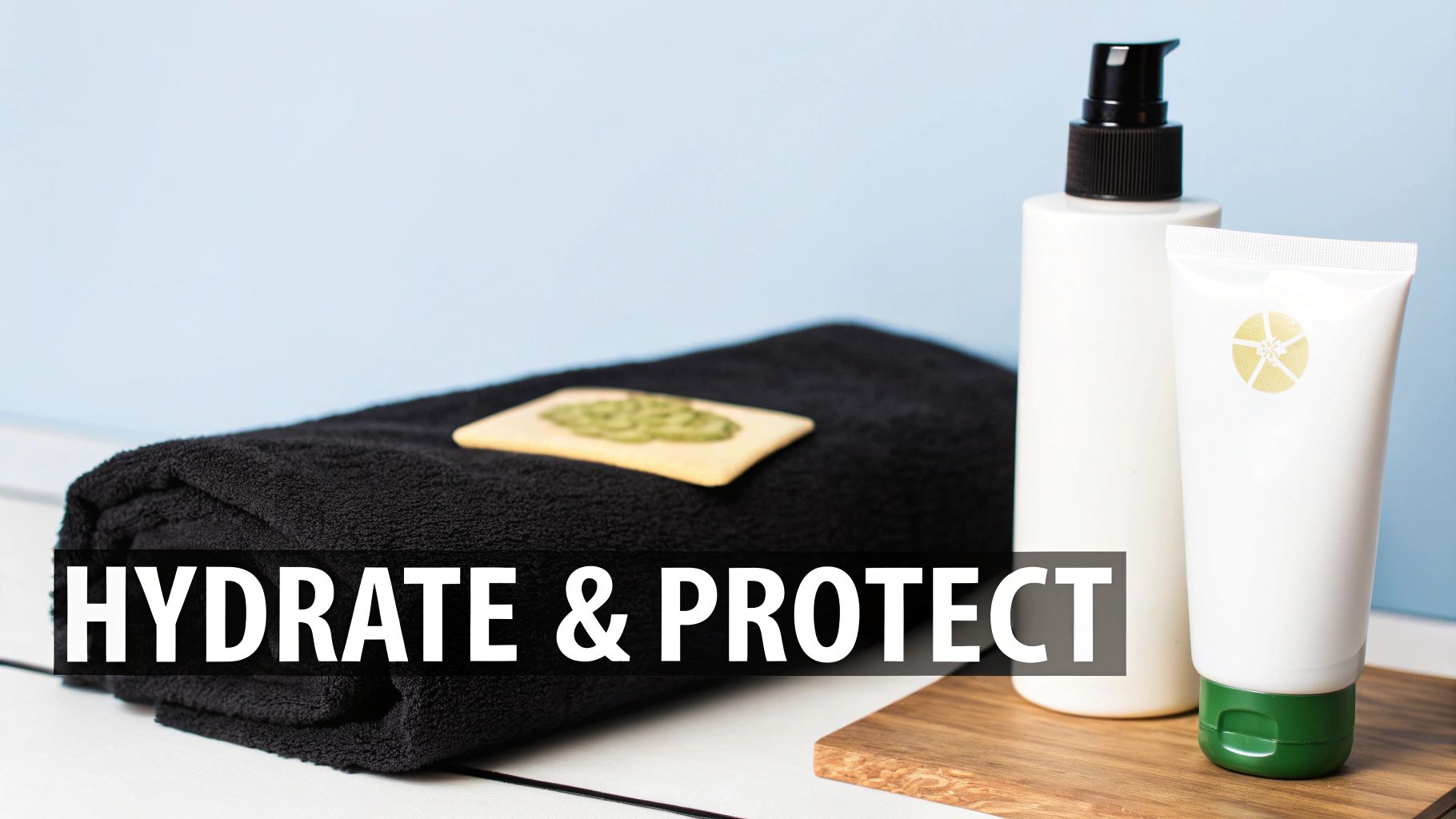 White skincare bottles, a black towel, and a natural mask, promoting skin hydration and protection.