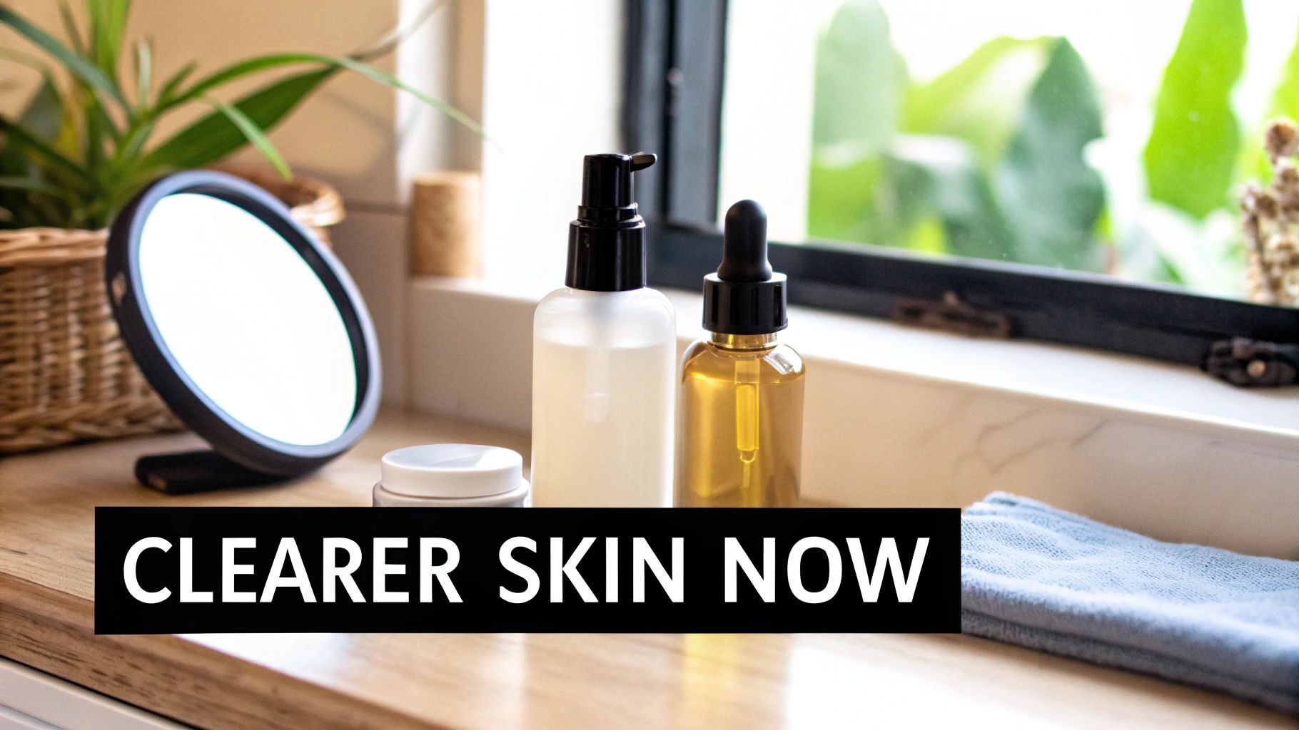 A bottle of skincare product next to a green plant, representing the combination of active ingredients and natural care.