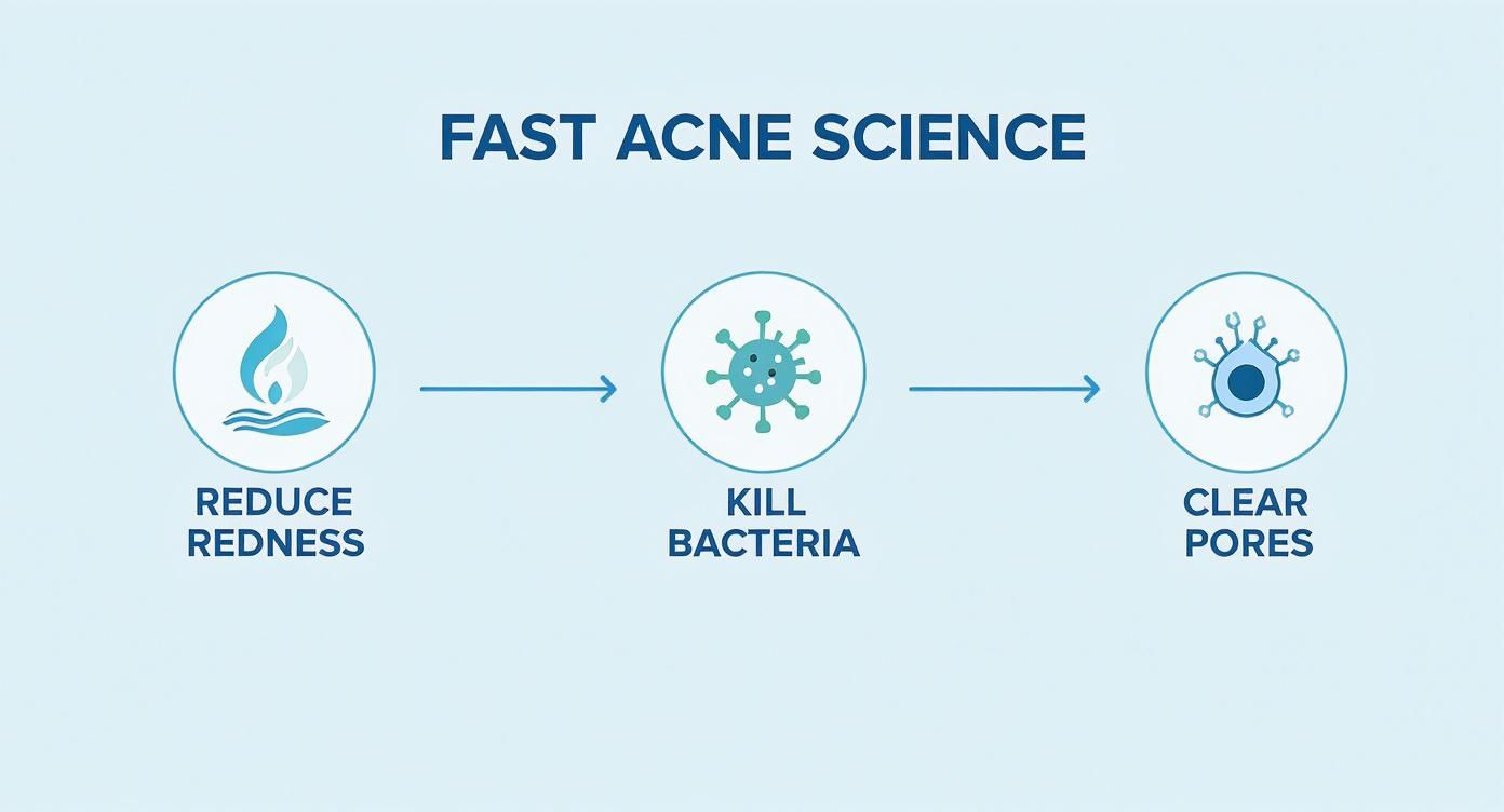 Infographic showing the three core actions of a fast acne treatment Reduce Redness, Kill Bacteria, and Clear Pores with corresponding icons.