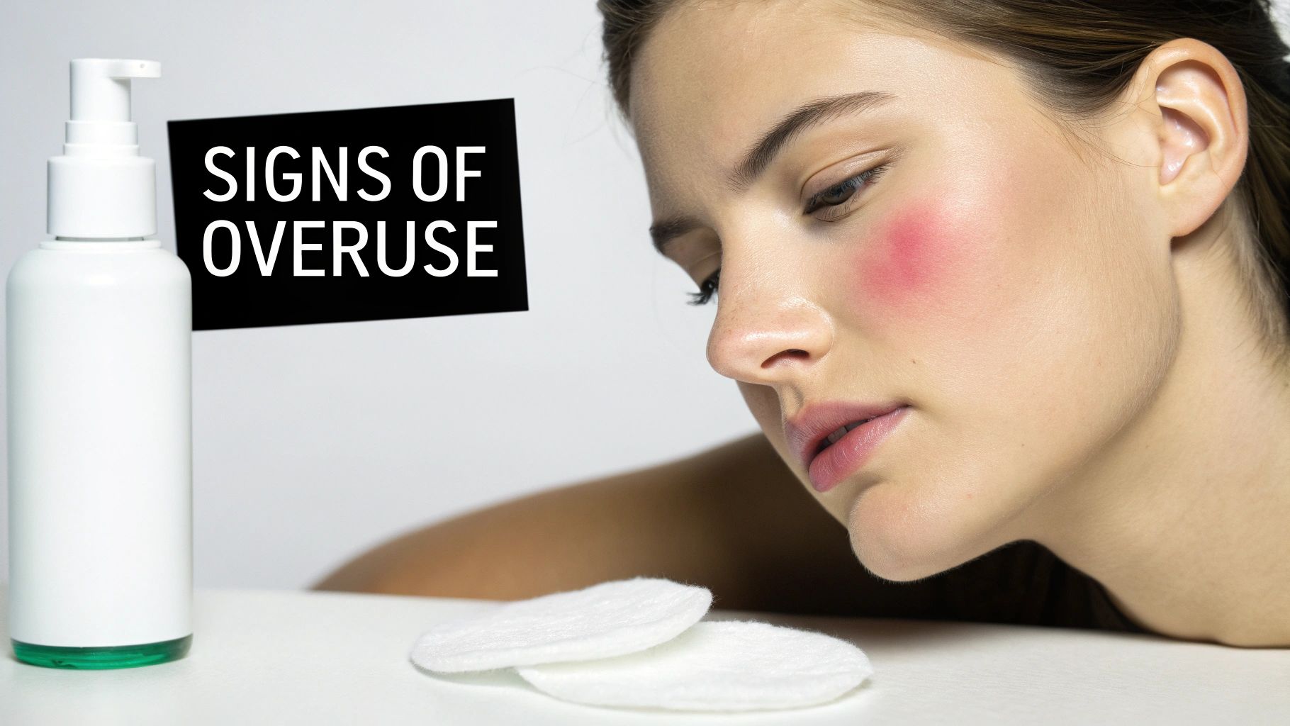 Woman with red, irritated cheek, next to a skincare bottle and cotton pads, illustrating signs of overuse.