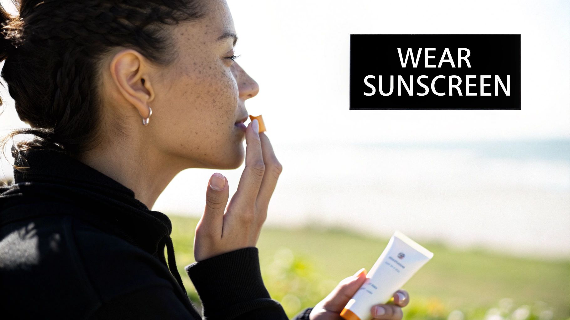 A woman with freckles applies lip sunscreen, holding a tube, next to a 'WEAR SUNSCREEN' sign outdoors.