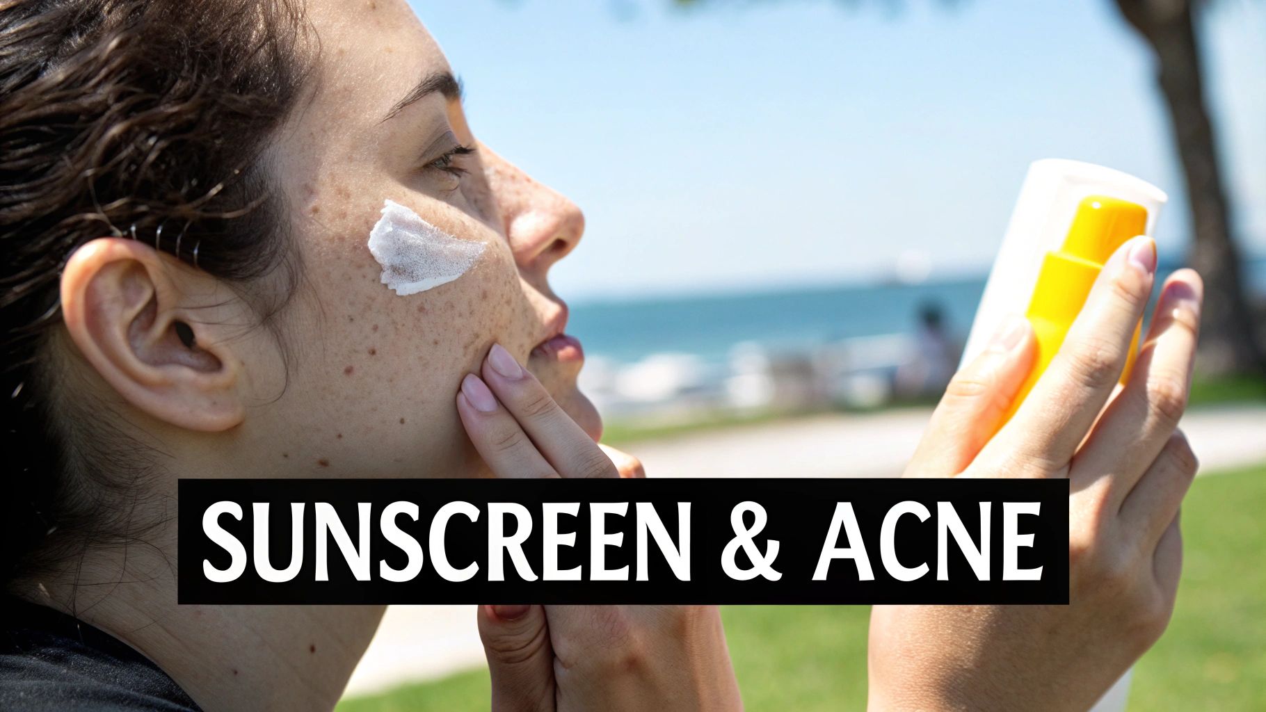 A person applying sunscreen to their face, with a focus on clean, clear skin.