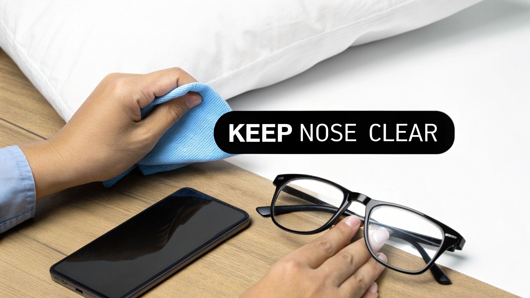 A person cleaning a white pillow with a blue cloth, with glasses and a phone nearby, text 'KEEP NOSE CLEAR'.