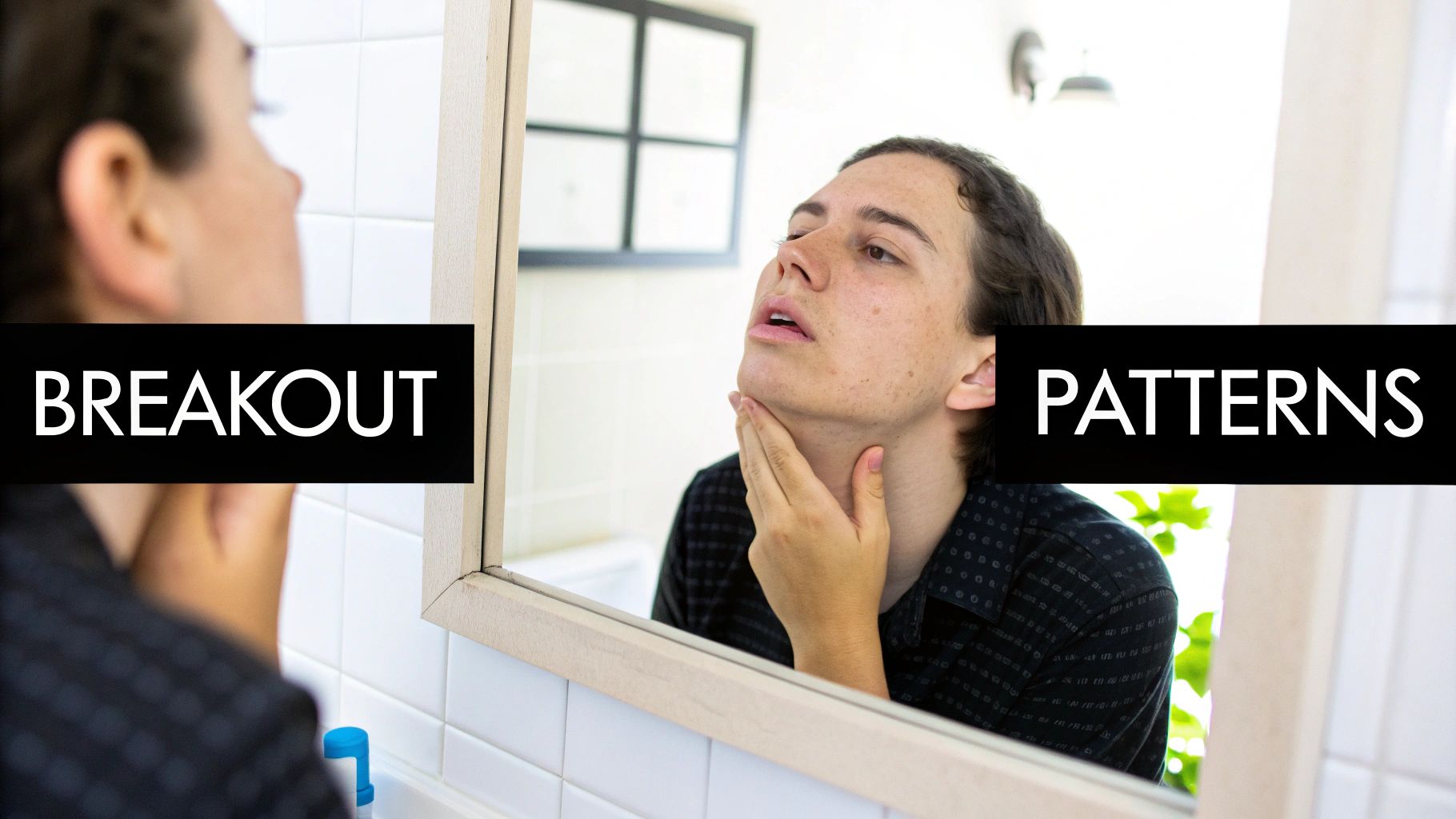 A young person with acne-prone skin inspecting their face in a bathroom mirror, with overlaid text 'BREAKOUT PATTERNS'.