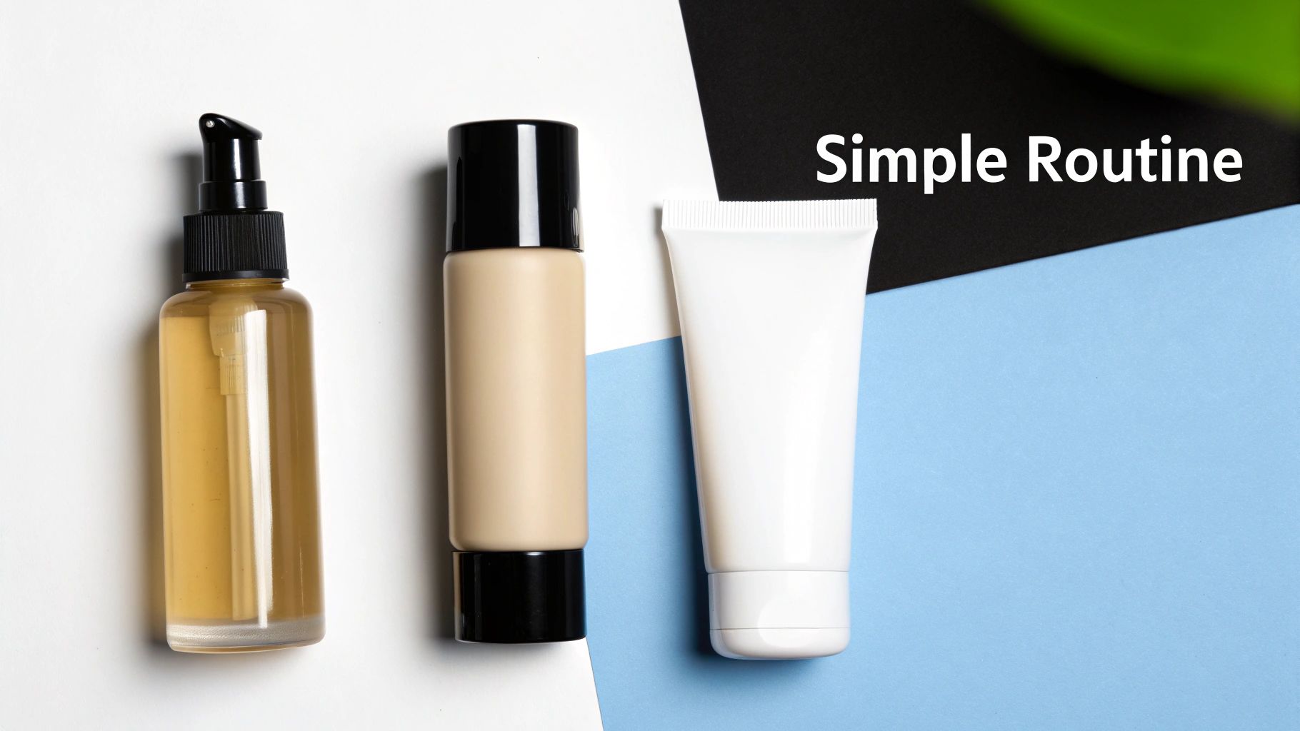 Flat lay of three cosmetic products: a pump bottle, foundation, and white cream tube with 'Simple Routine'.