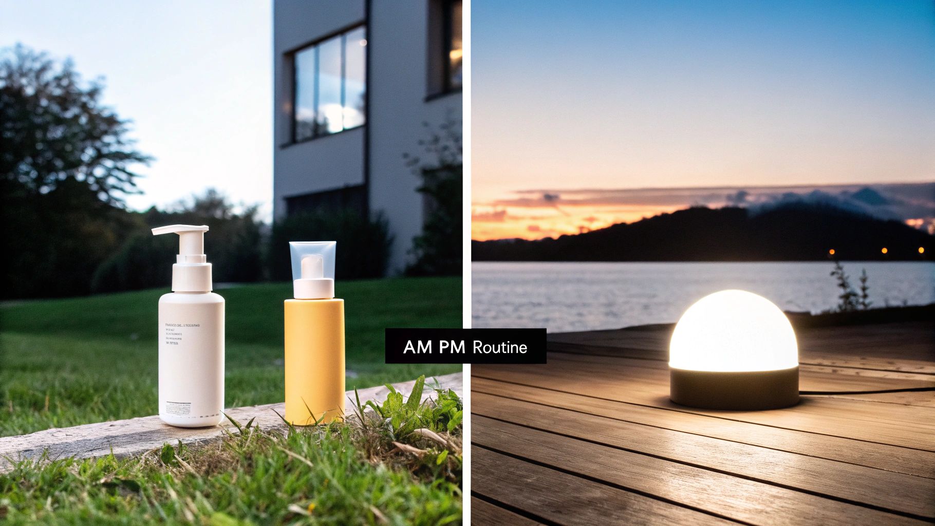 Skincare bottles on grass and a glowing lamp by a lake at sunset, signifying an AM PM routine.