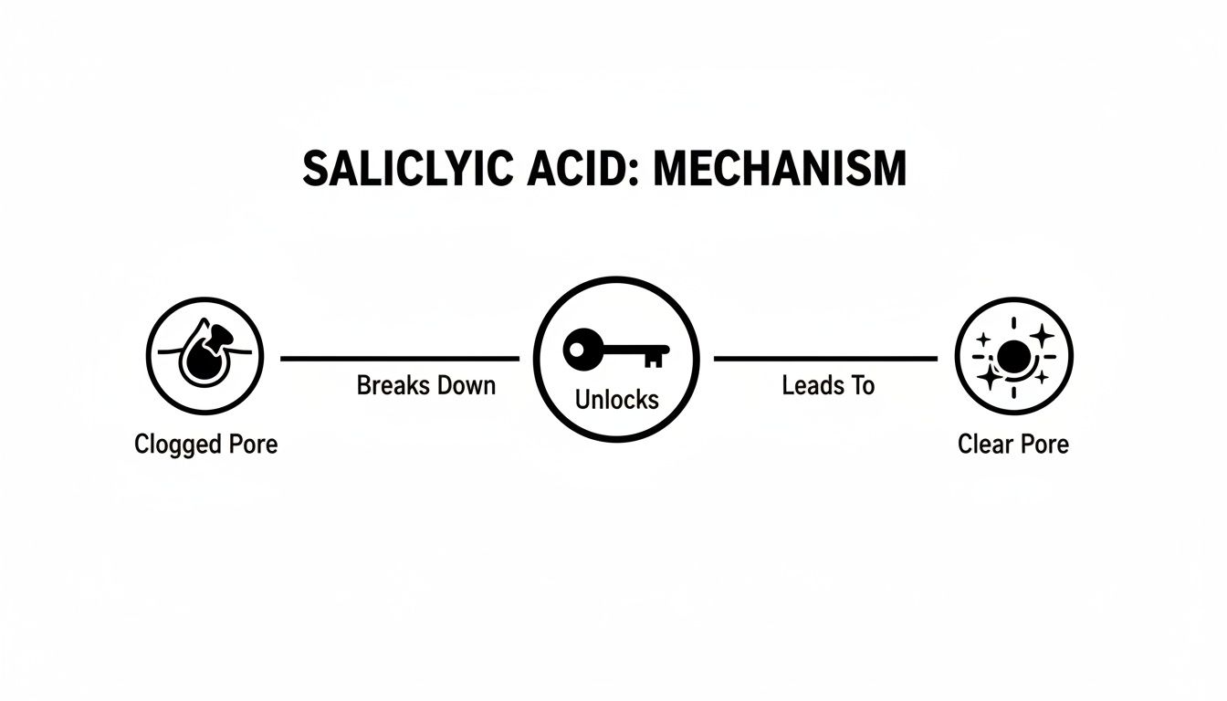Diagram showing salicylic acid's mechanism, breaking down clogged pores to reveal clear pores.