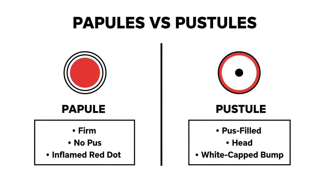A diagram comparing papules and pustules, highlighting visual differences and characteristics like pus content.