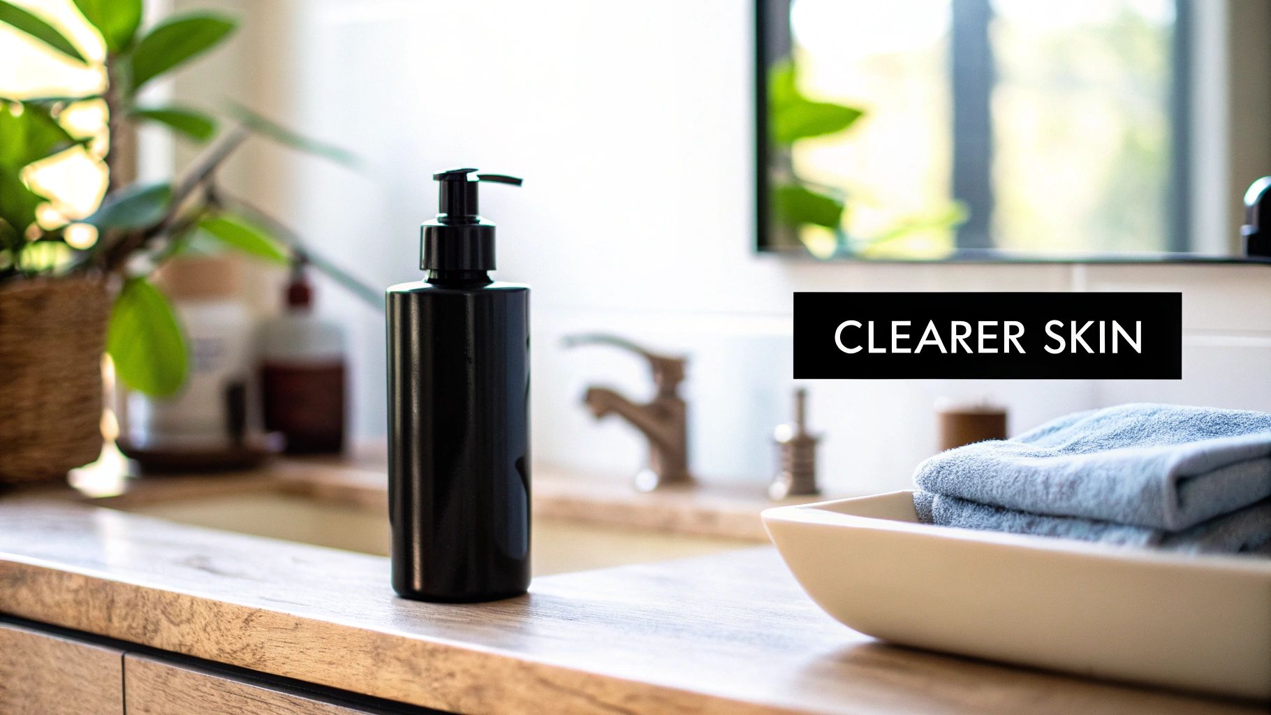 Close-up of a person's clear and healthy facial skin, with a soft, out-of-focus natural background.