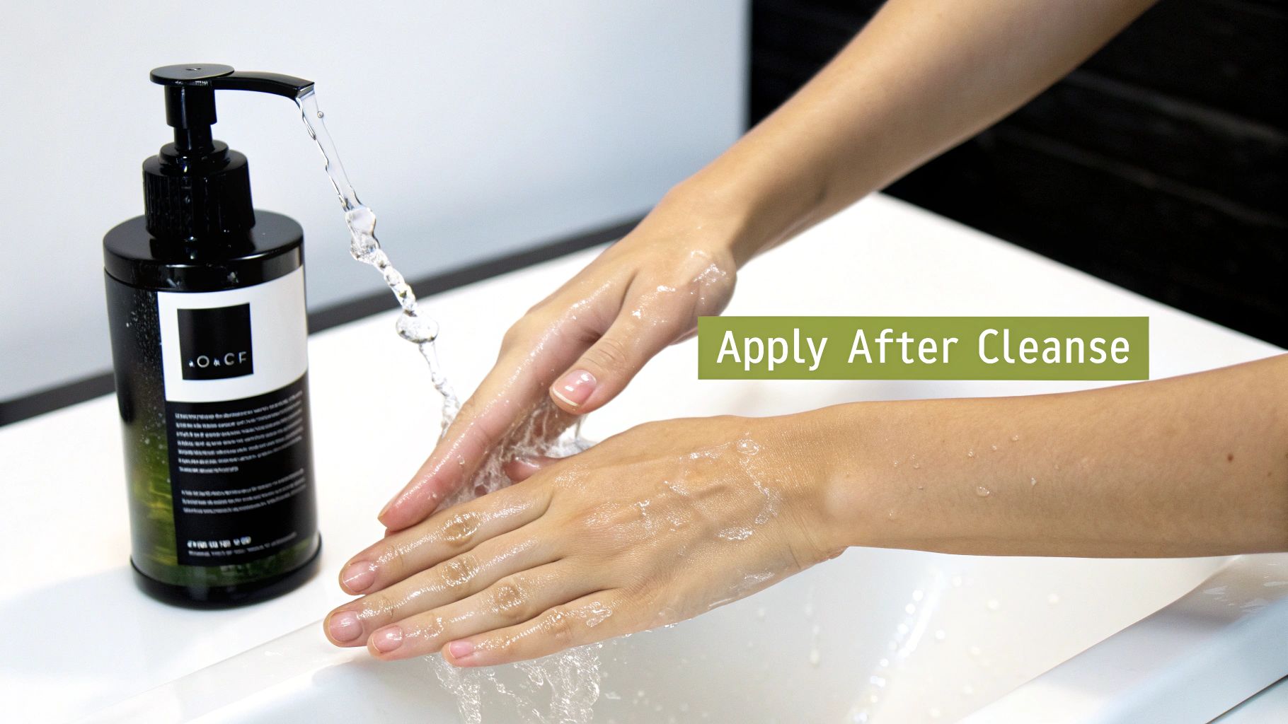 A person applying toner to their face with a cotton pad in a clean, bright bathroom setting.
