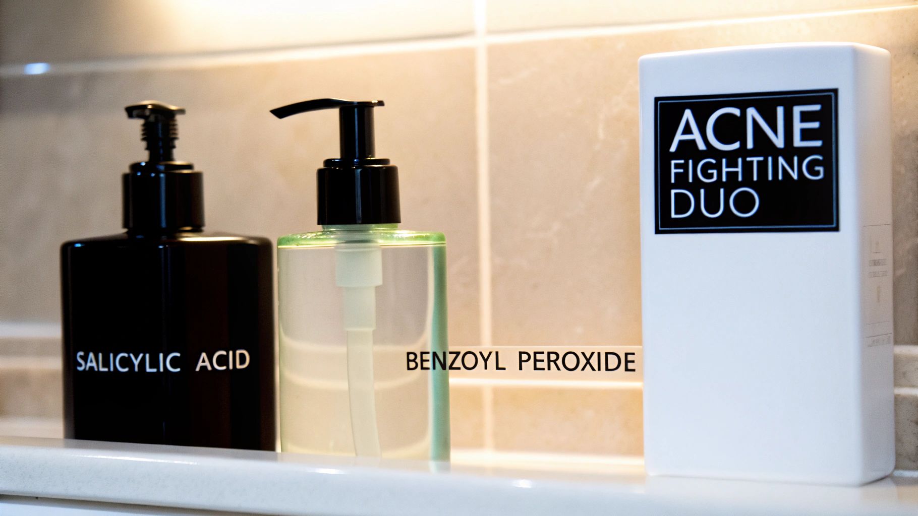 Two pump bottles, Salicylic Acid and Benzoyl Peroxide, next to an Acne Fighting Duo box on a shelf.