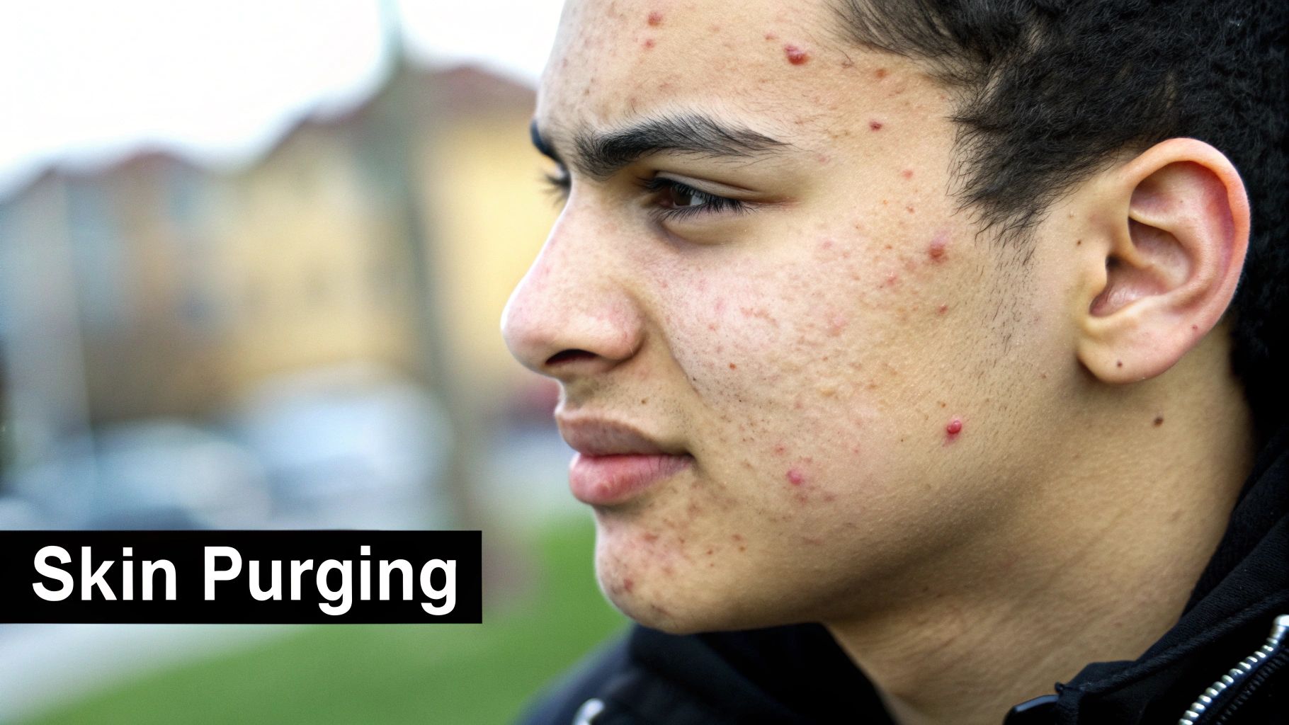 A close-up profile of a young person's face covered in red blemishes, illustrating skin purging.