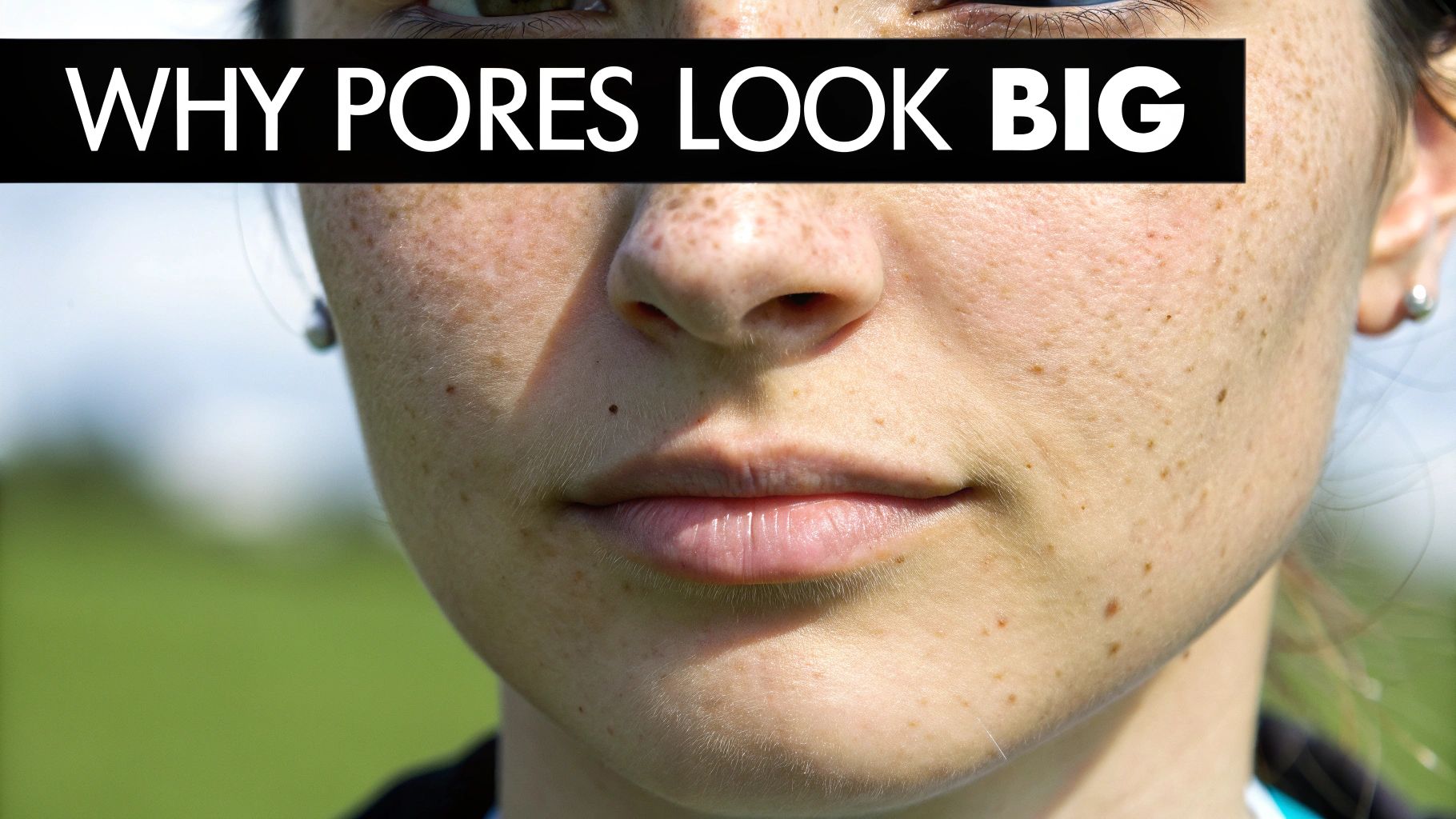 Close-up of a person's face with visible pores and freckles, with a banner asking 'WHY PORES LOOK BIG'.