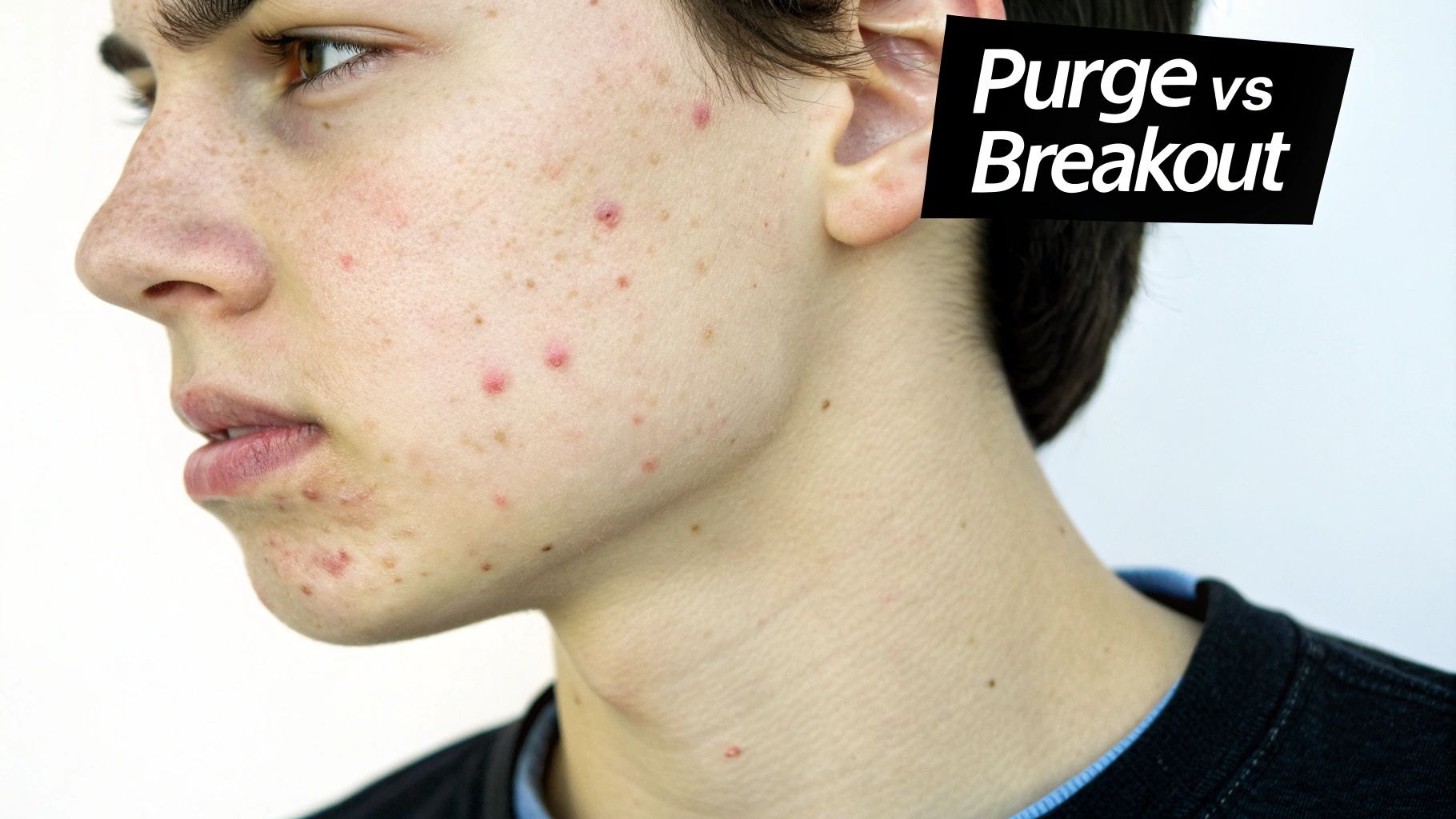 Close-up of a person's profile showing skin with acne, freckles, and a "Purge vs Breakout" banner.