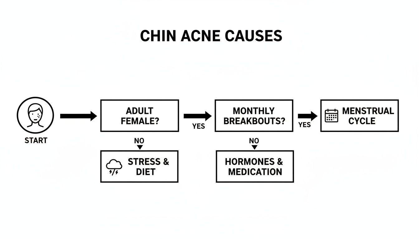 A flowchart visually explains chin acne causes, differentiating between adult females, monthly breakouts, stress, hormones, and menstrual cycle.