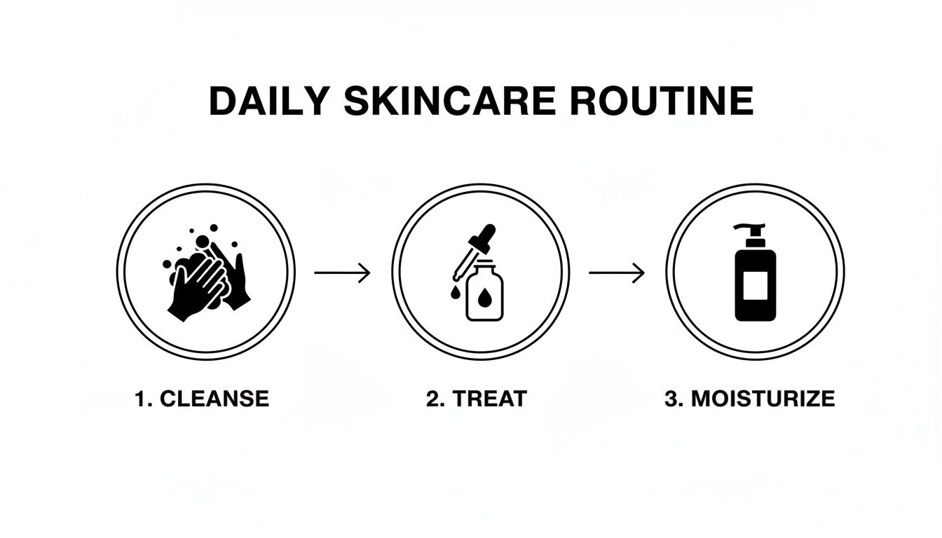A daily skincare routine diagram illustrating three steps: cleanse, treat with a dropper, and moisturize with a pump bottle.