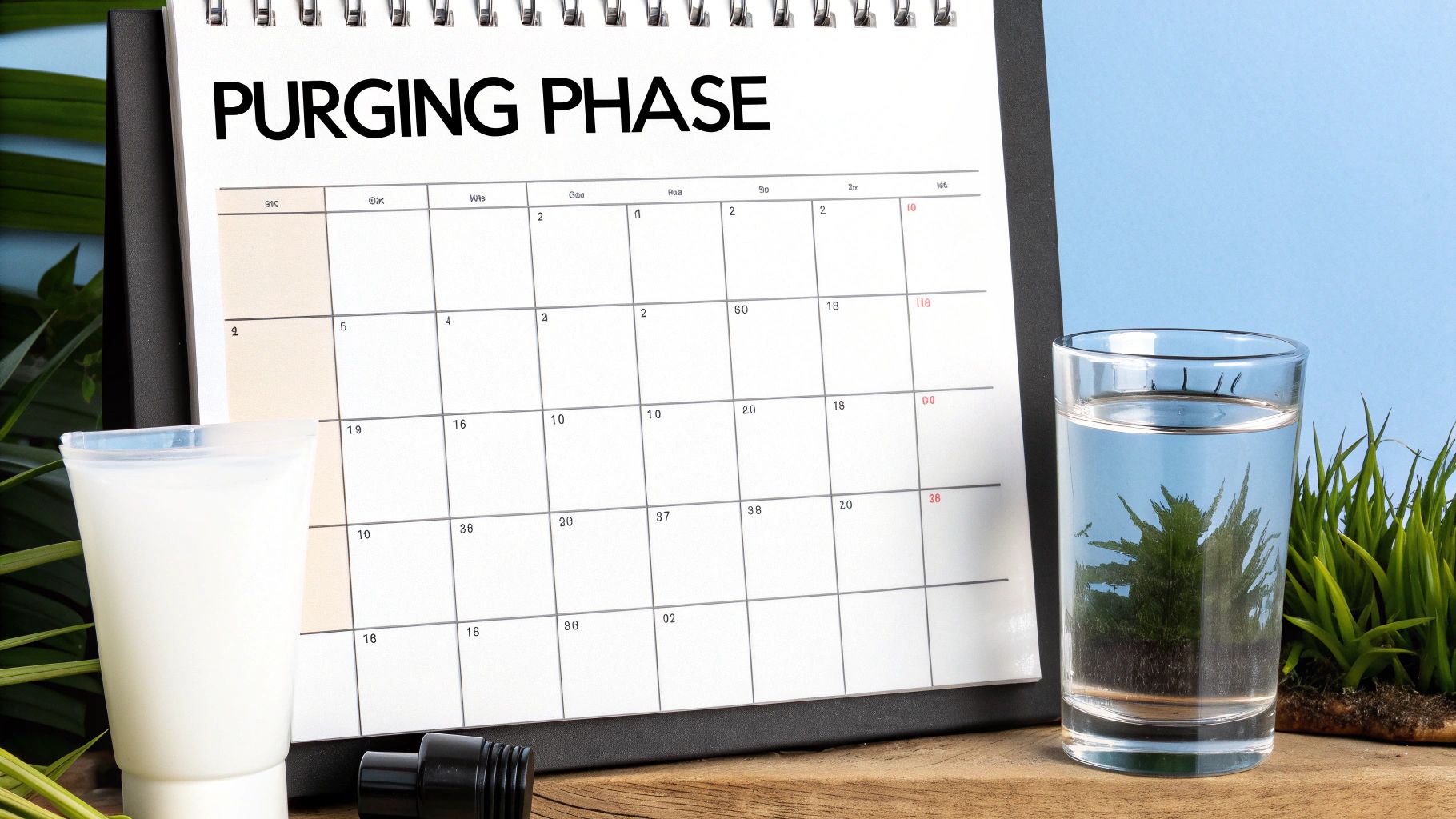 Calendar showing 'PURGING PHASE' text, with a white skincare product bottle and a glass of water.