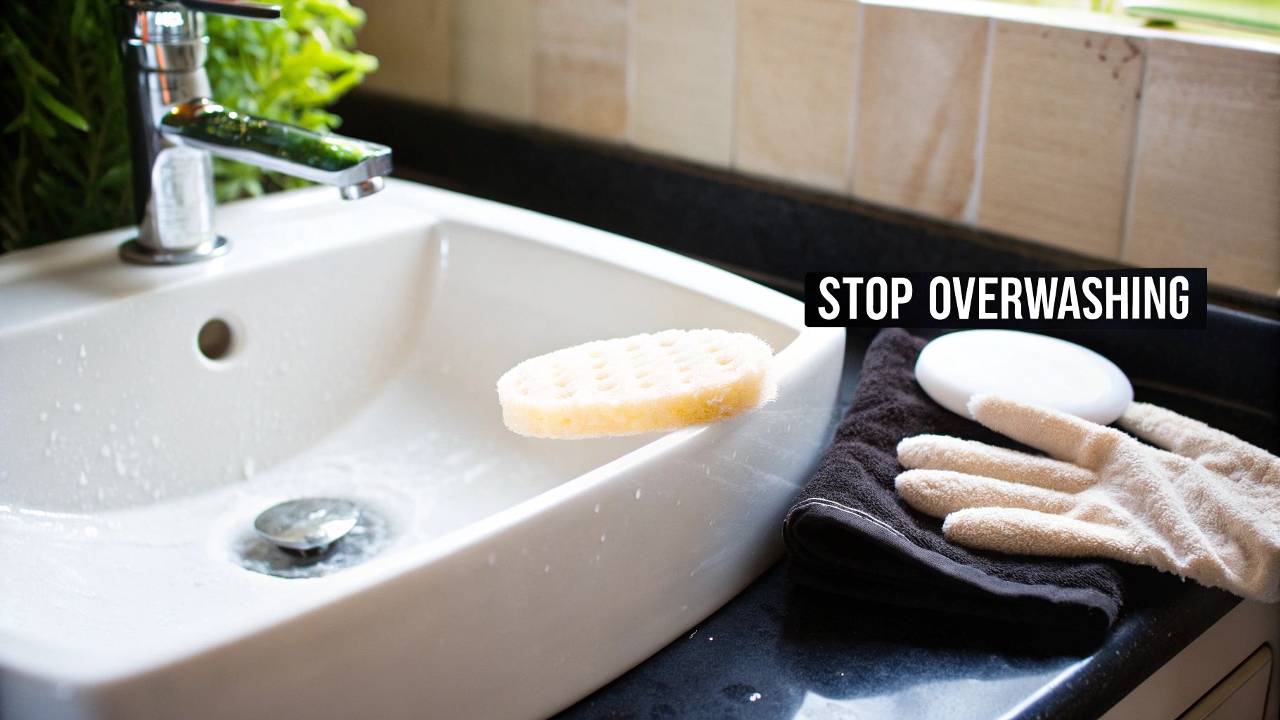 A bathroom sink with a faucet, sponge, bar of soap, dark towel, and light gloves, with text "STOP OVERWASHING".