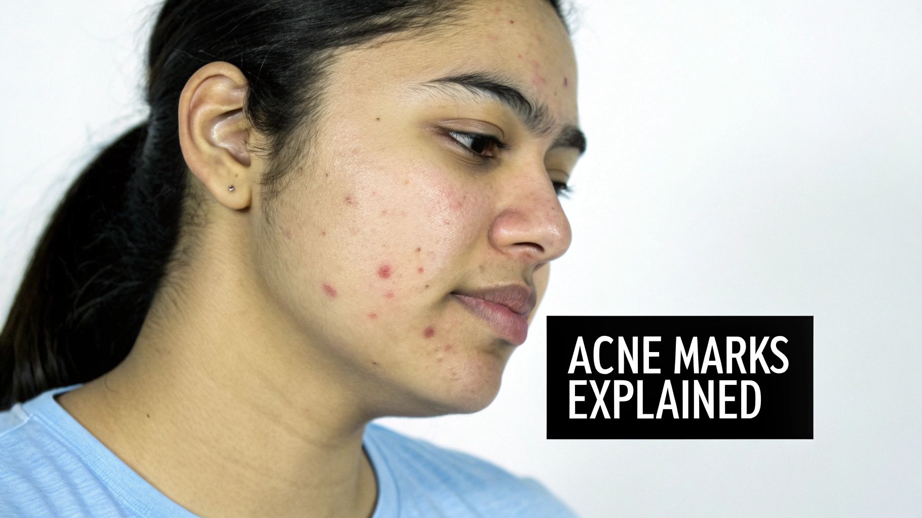 A young woman's profile showing acne and red marks on her face and neck, with 'ACNE MARKS EXPLAINED' text.