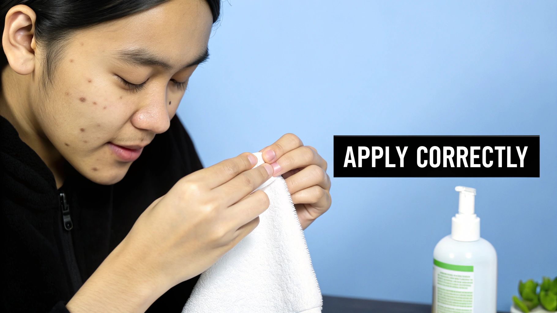 A person with acne holds a white cloth, preparing to apply product correctly.