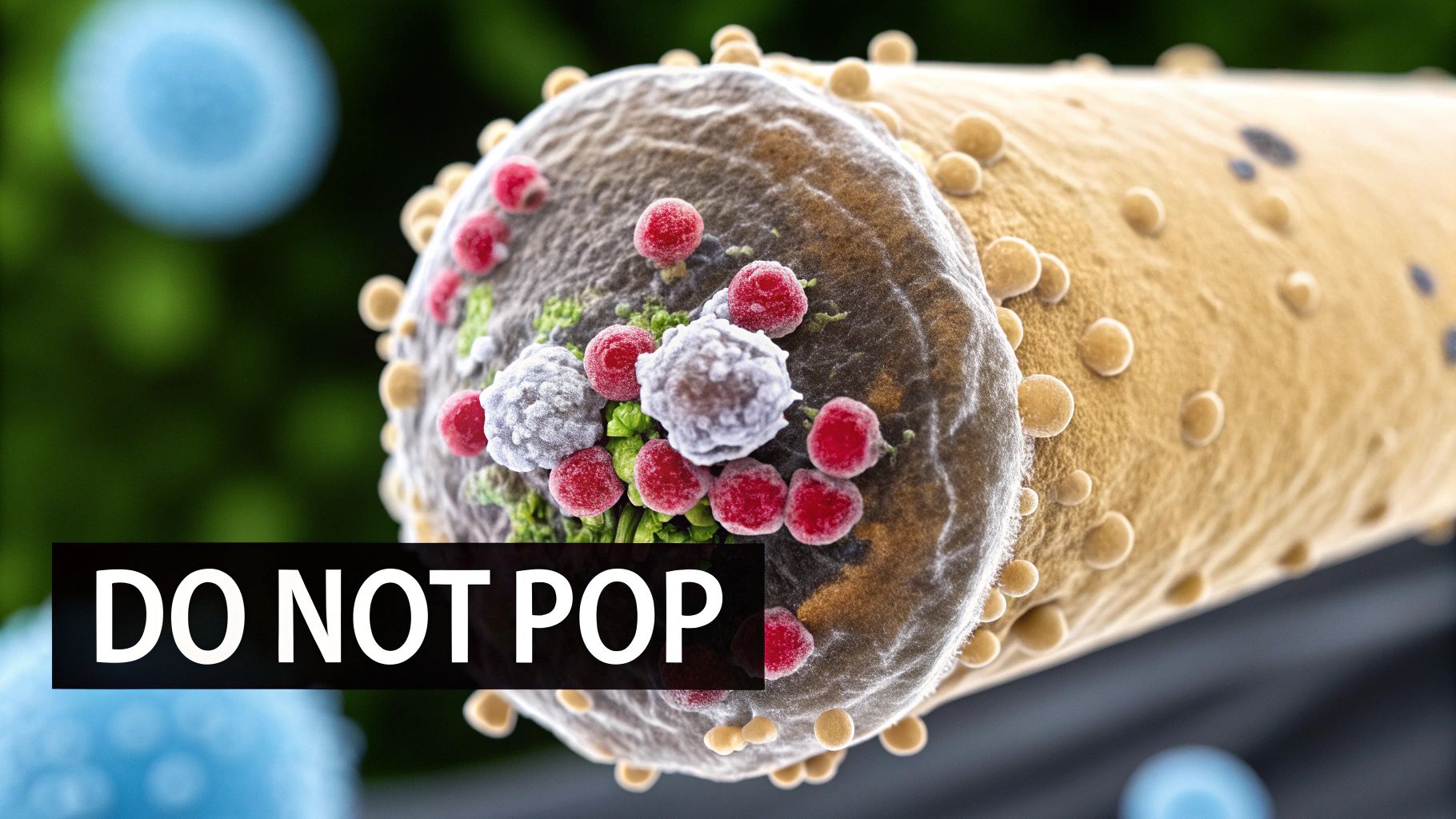 Microscopic view of an inflamed skin lesion with various cells, advised 'DO NOT POP'.