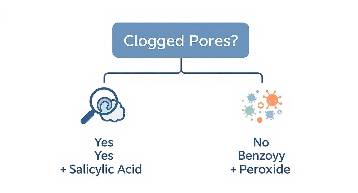 Infographic decision tree showing salicylic acid is for clogged pores and benzoyl peroxide is for bacteria-driven acne.