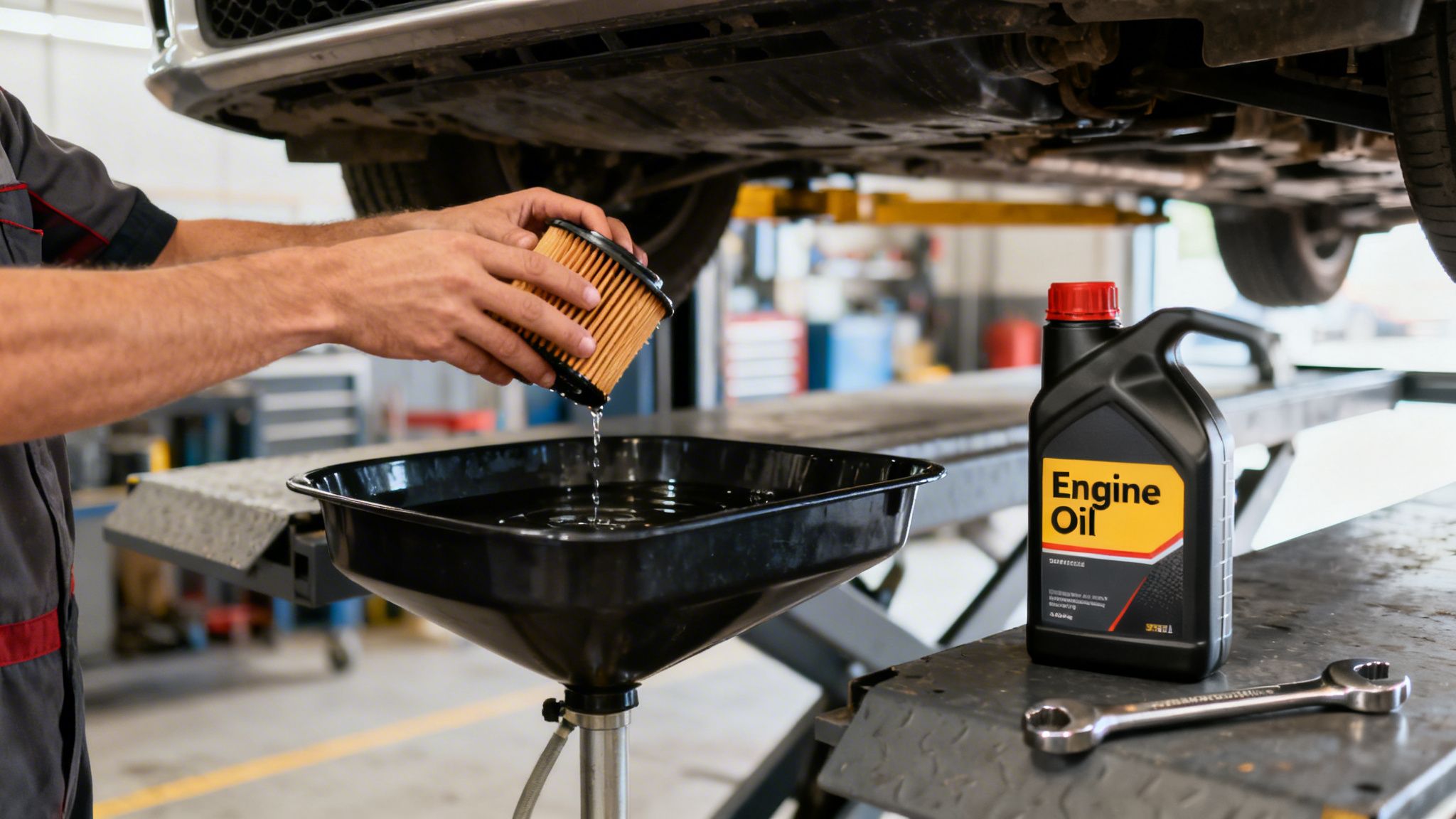A mechanic replaces an old oil filter, draining used oil into a pan during a car service.