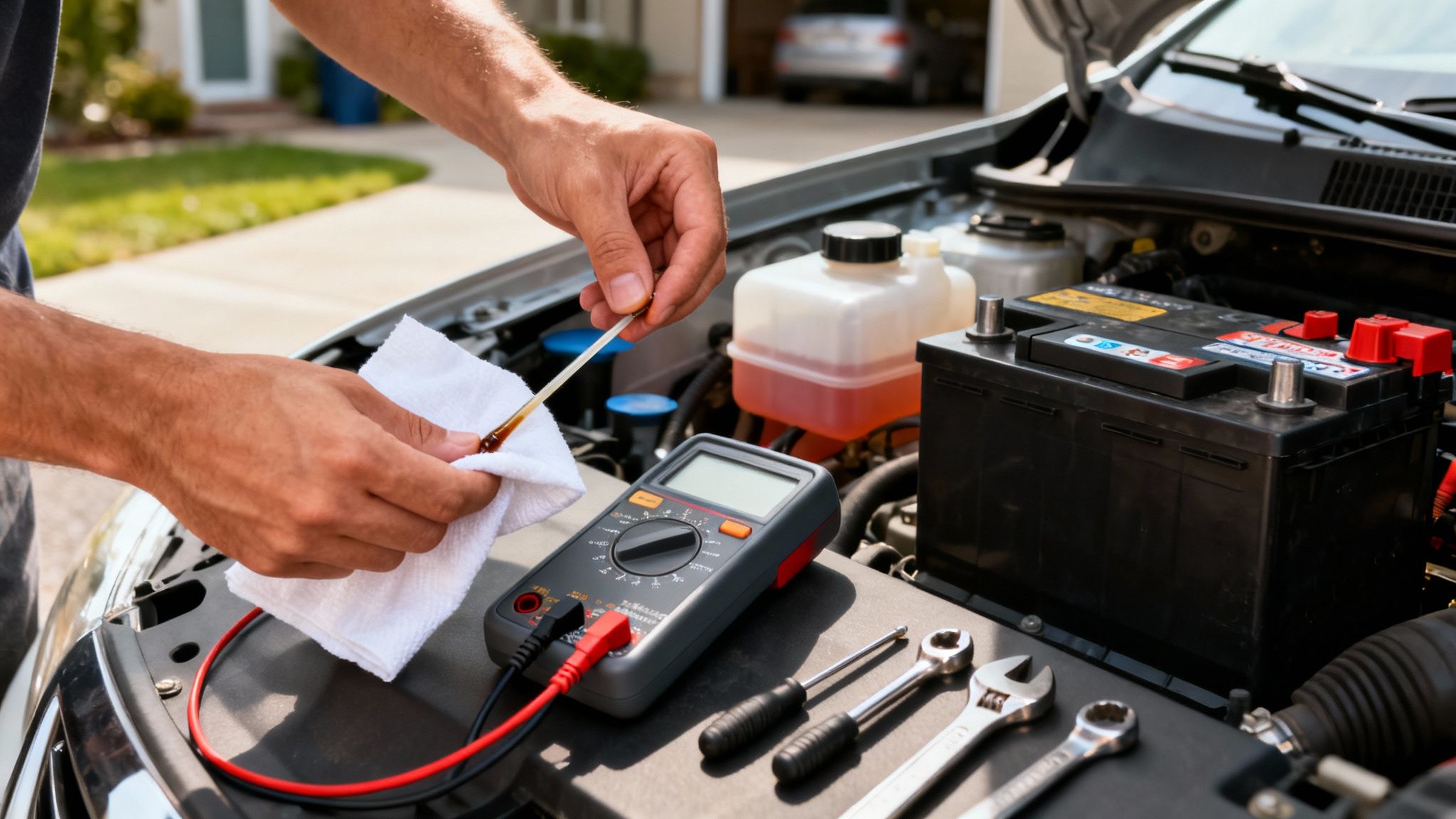 Man checking car engine oil level with a dipstick and white cloth, surrounded by tools.