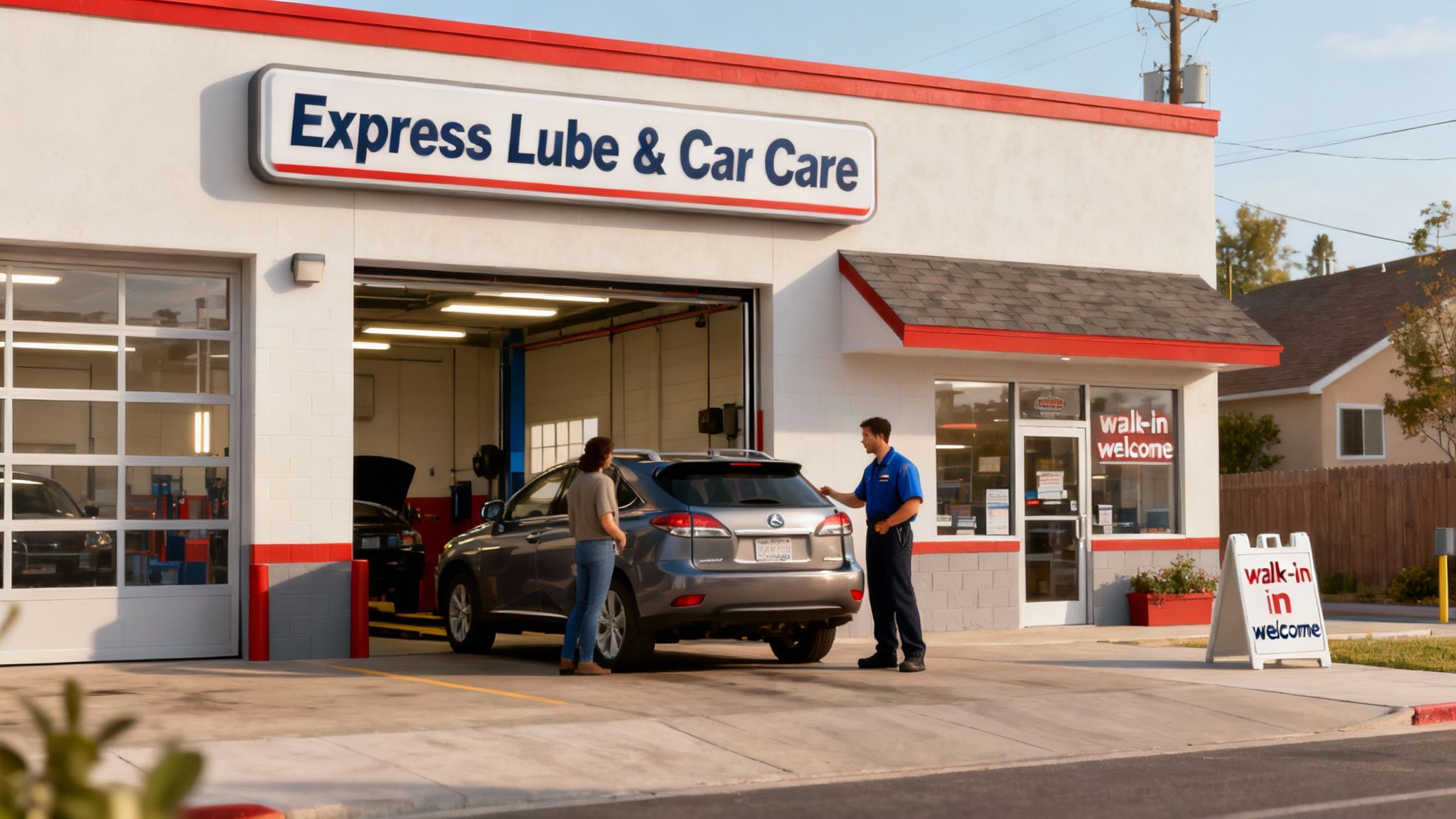 A mechanic in a blue uniform talks to a female customer next to an SUV at a car care center.