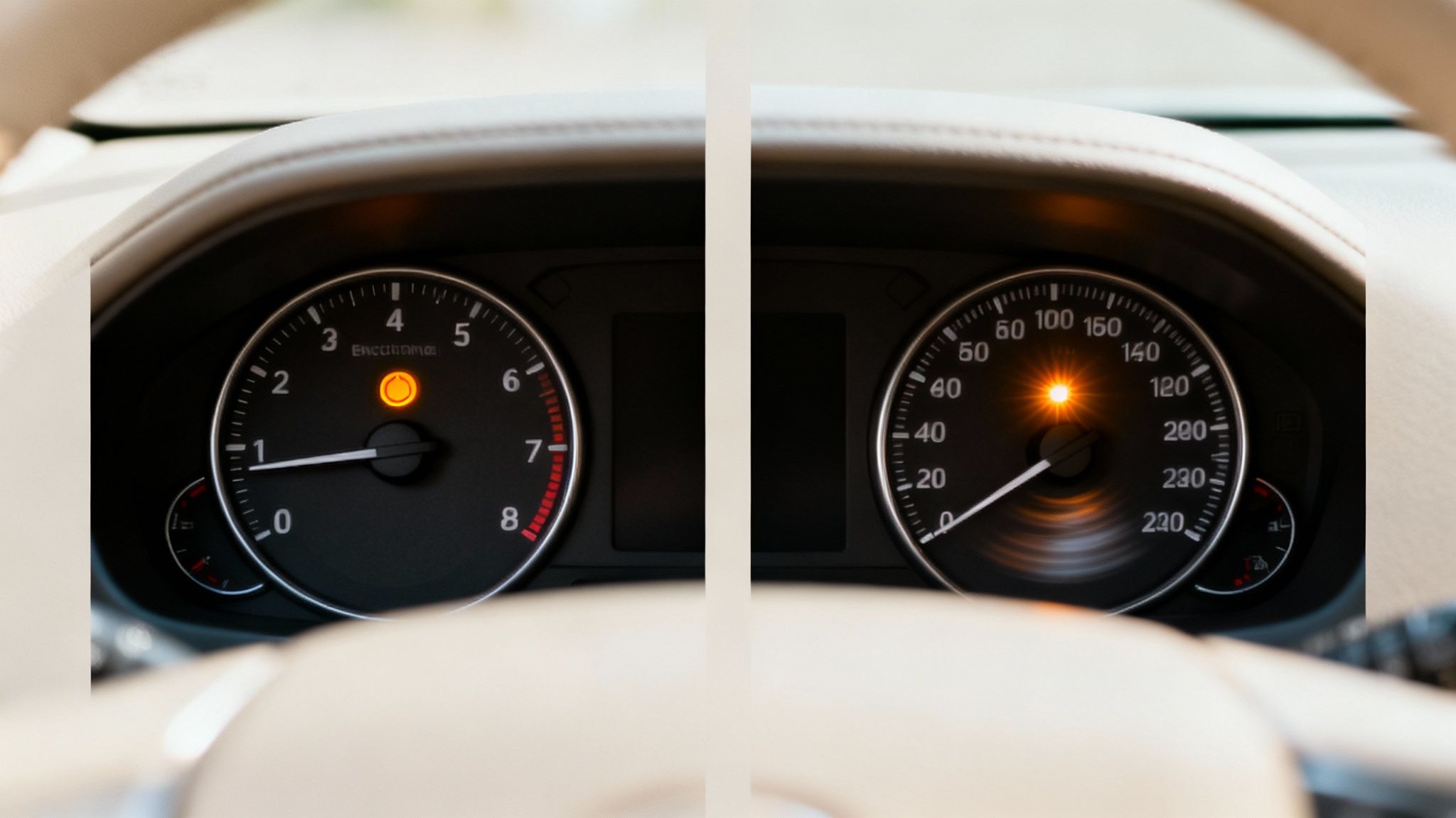 A car dashboard displaying illuminated orange warning lights on both the tachometer and speedometer.