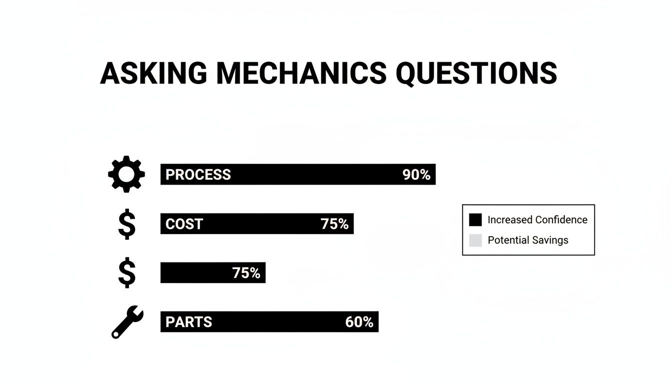 Bar chart illustrating increased confidence from asking mechanics questions about process, cost, and parts.