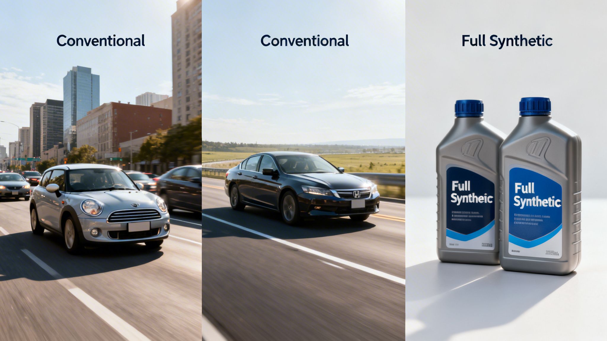 Three panels comparing cars using conventional oil with two bottles of full synthetic engine oil.
