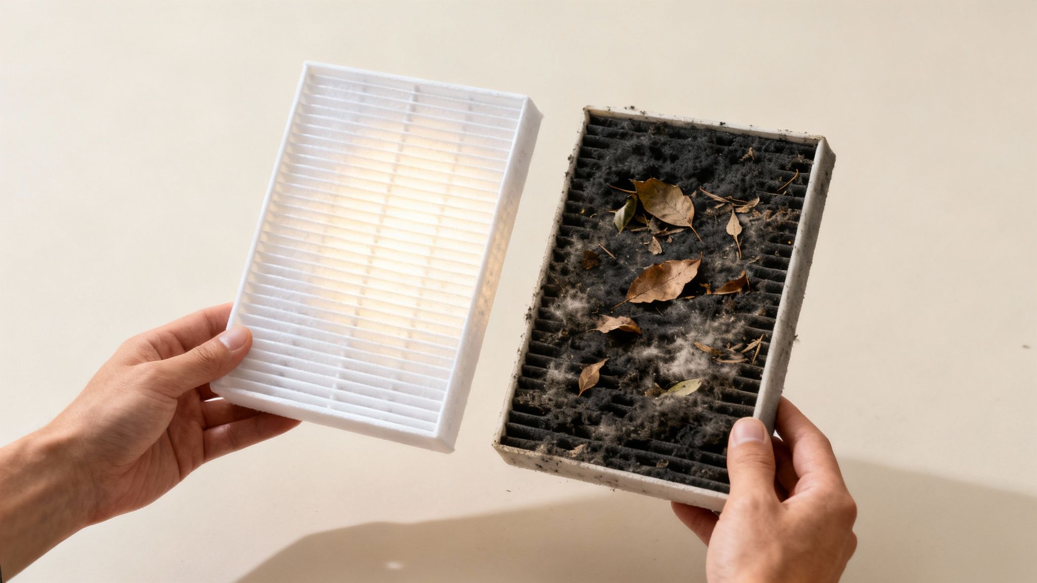 A person's hands holding a clean new cabin air filter and a very dirty, old one with leaves and debris.