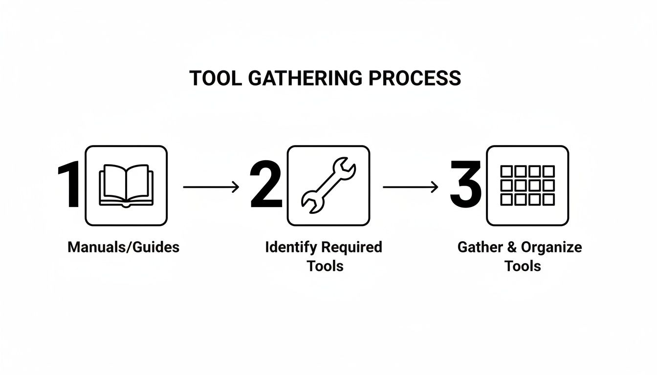 A three-step tool gathering process flowchart illustrating manuals, identifying required tools, and organizing.