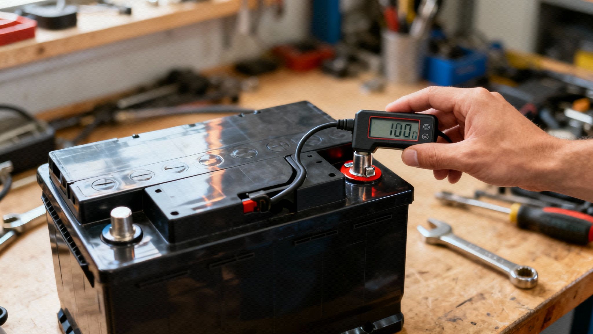 A person uses a digital battery tester to check a car battery's charge in a garage.
