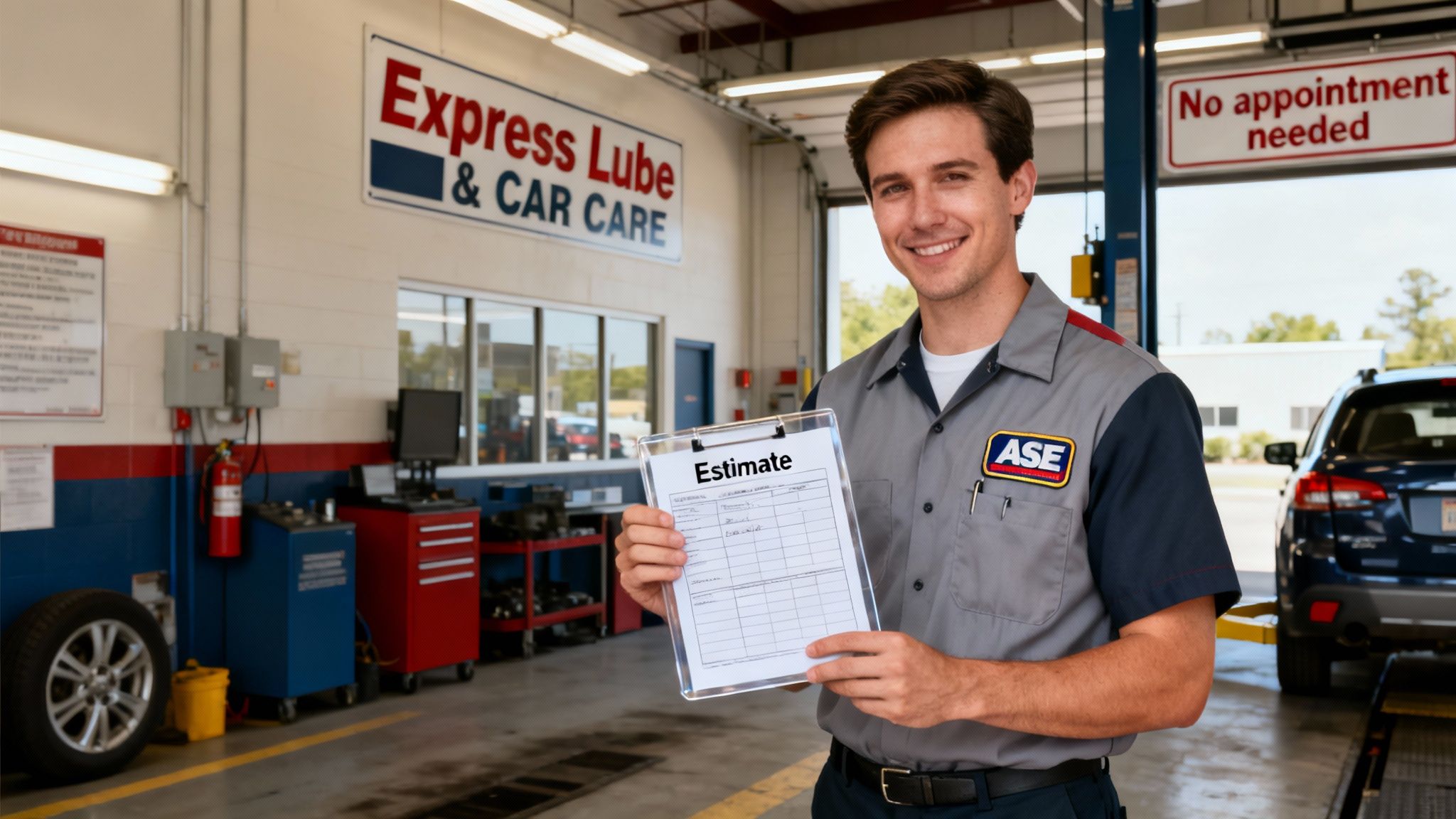 A smiling mechanic in a grey and blue uniform holds a clipboard with an estimate in an auto repair shop.
