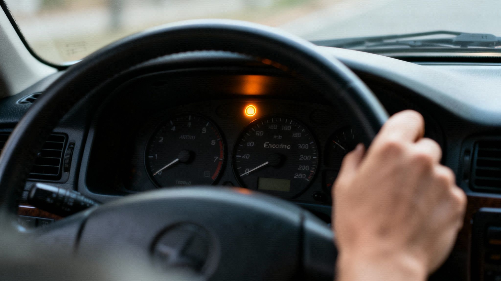Close-up of a driver's hands on a steering wheel, showing a car dashboard with a bright yellow warning light.