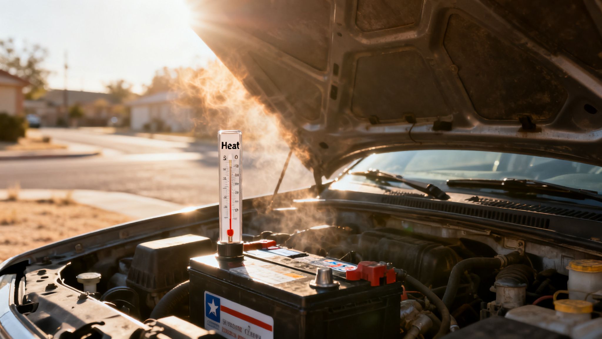 A car with its hood open, emitting steam, and a thermometer on the battery indicating heat.