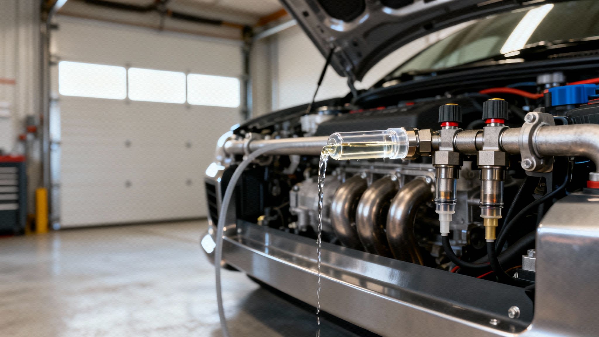 Close-up of a car engine undergoing fuel system cleaning, with liquid flowing into components in a garage.